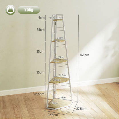 5-Tier Corner Bookcase, Modern Foldable Shelf with Adjustable Feet, Steel and Wood Bookshelf, 37.5x37.5x160 cm, Wood Color