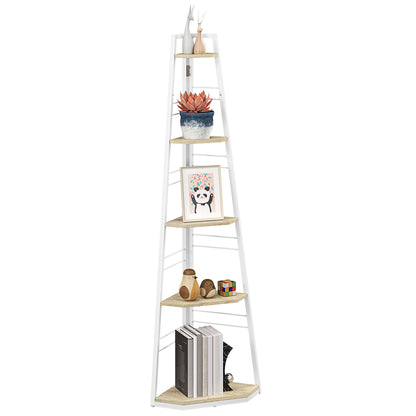 5-Tier Corner Bookcase, Modern Foldable Shelf with Adjustable Feet, Steel and Wood Bookshelf, 37.5x37.5x160 cm, Wood Color