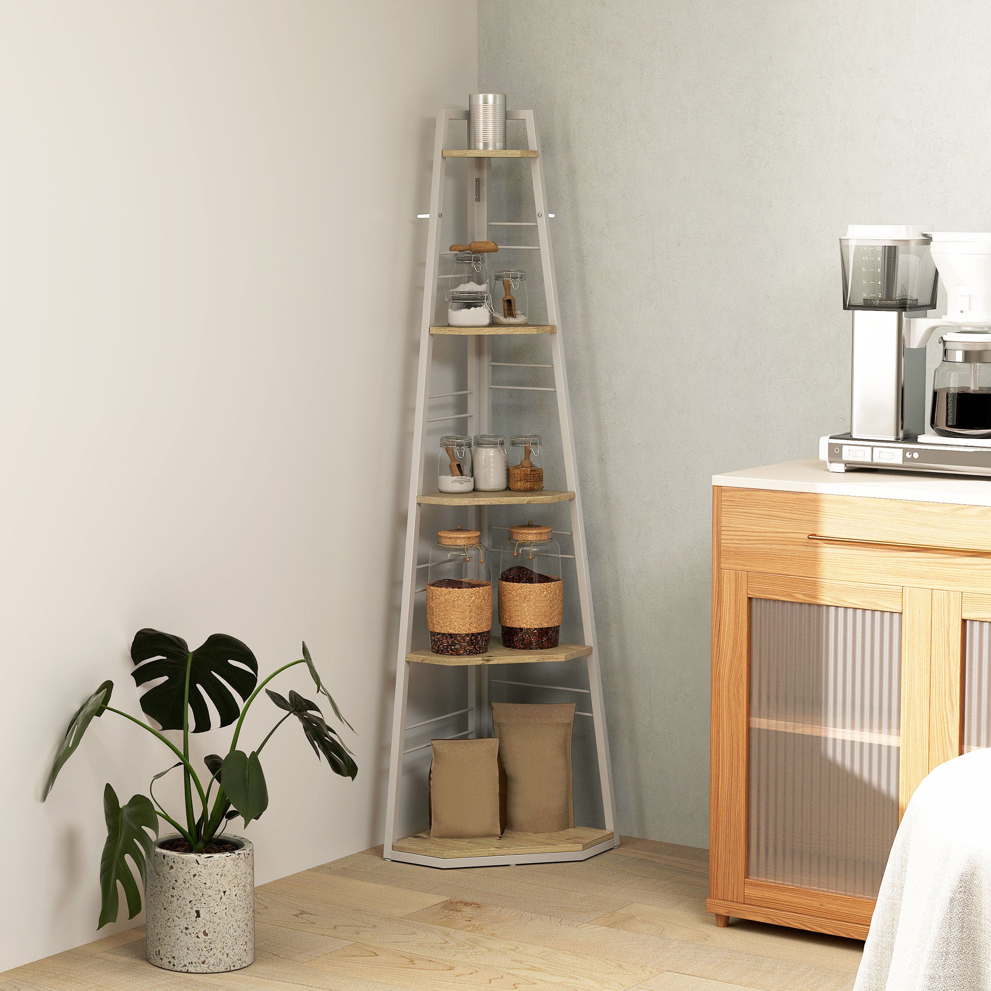 5-Tier Corner Bookcase, Modern Foldable Shelf with Adjustable Feet, Steel and Wood Bookshelf, 37.5x37.5x160 cm, Wood Color