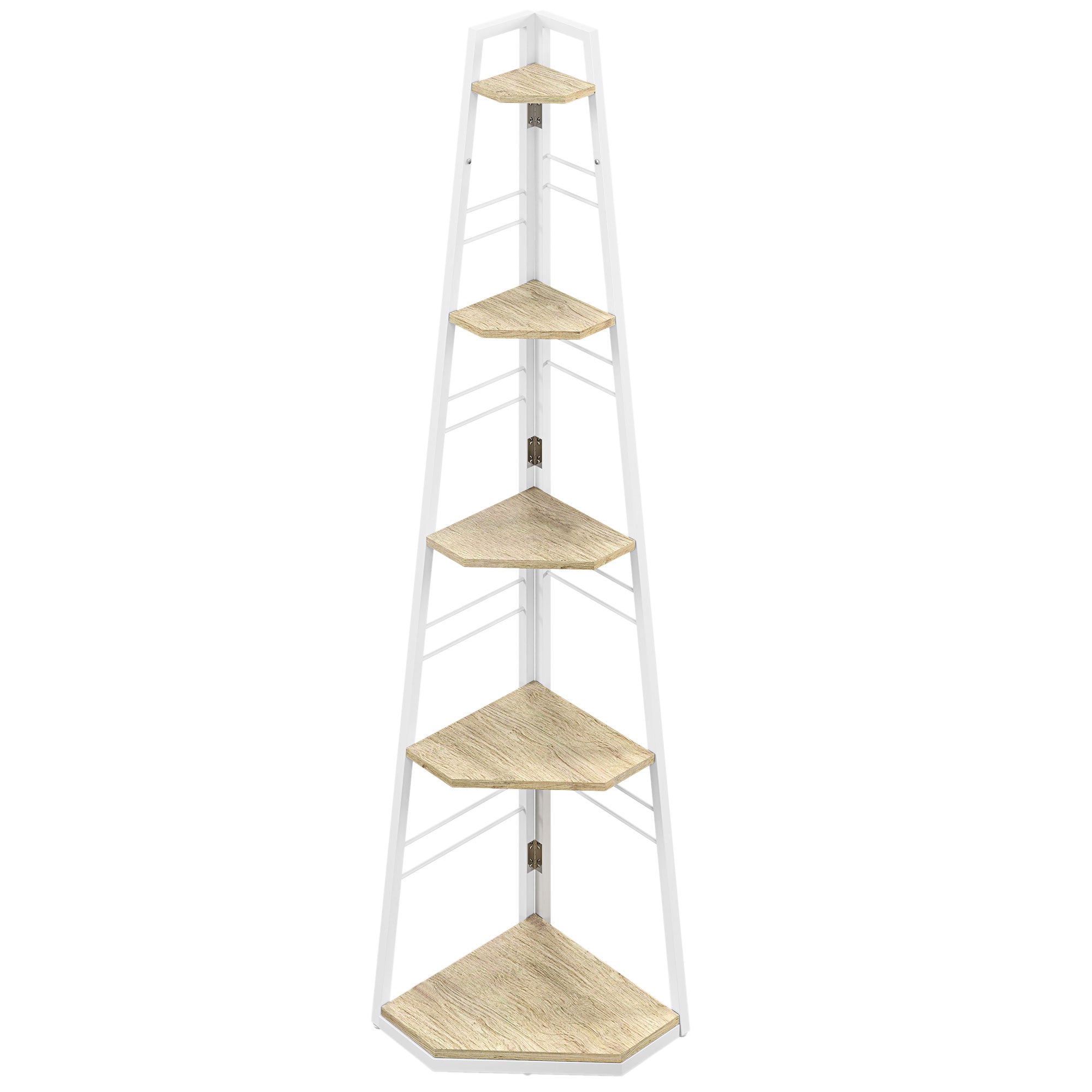 5-Tier Corner Bookcase, Modern Foldable Shelf with Adjustable Feet, Steel and Wood Bookshelf, 37.5x37.5x160 cm, Wood Color