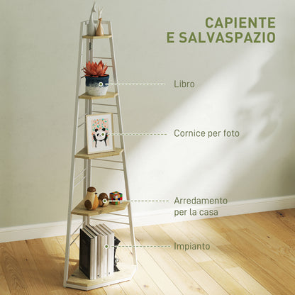 5-Tier Corner Bookcase, Modern Foldable Shelf with Adjustable Feet, Steel and Wood Bookshelf, 37.5x37.5x160 cm, Wood Color