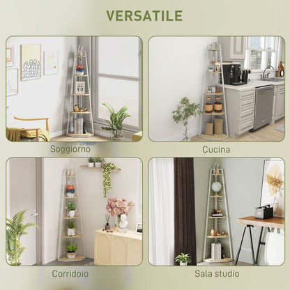 5-Tier Corner Bookcase, Modern Foldable Shelf with Adjustable Feet, Steel and Wood Bookshelf, 37.5x37.5x160 cm, Wood Color