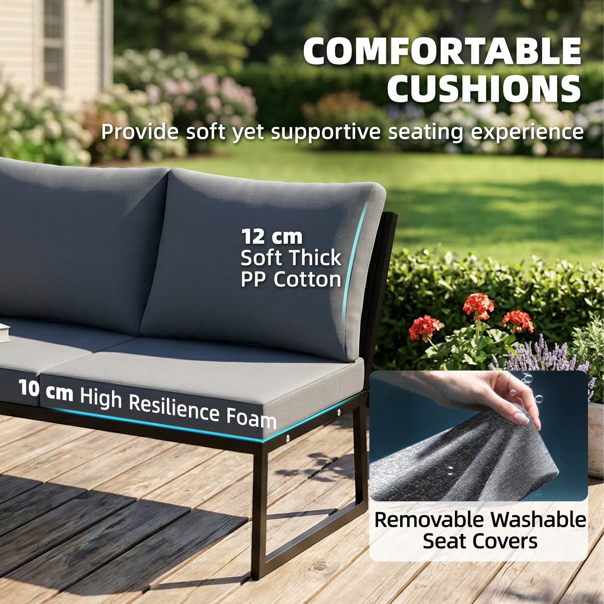 L-Shaped 4-Piece Outdoor Patio Sofa Set for 4 — Two 2-Seater Sectionals with Cushions & 2 Nesting Tables, Teak