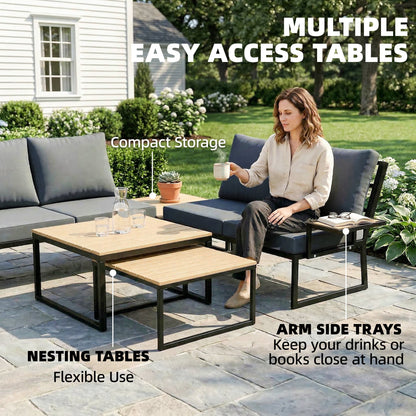 L-Shaped 4-Piece Outdoor Patio Sofa Set for 4 — Two 2-Seater Sectionals with Cushions & 2 Nesting Tables, Teak