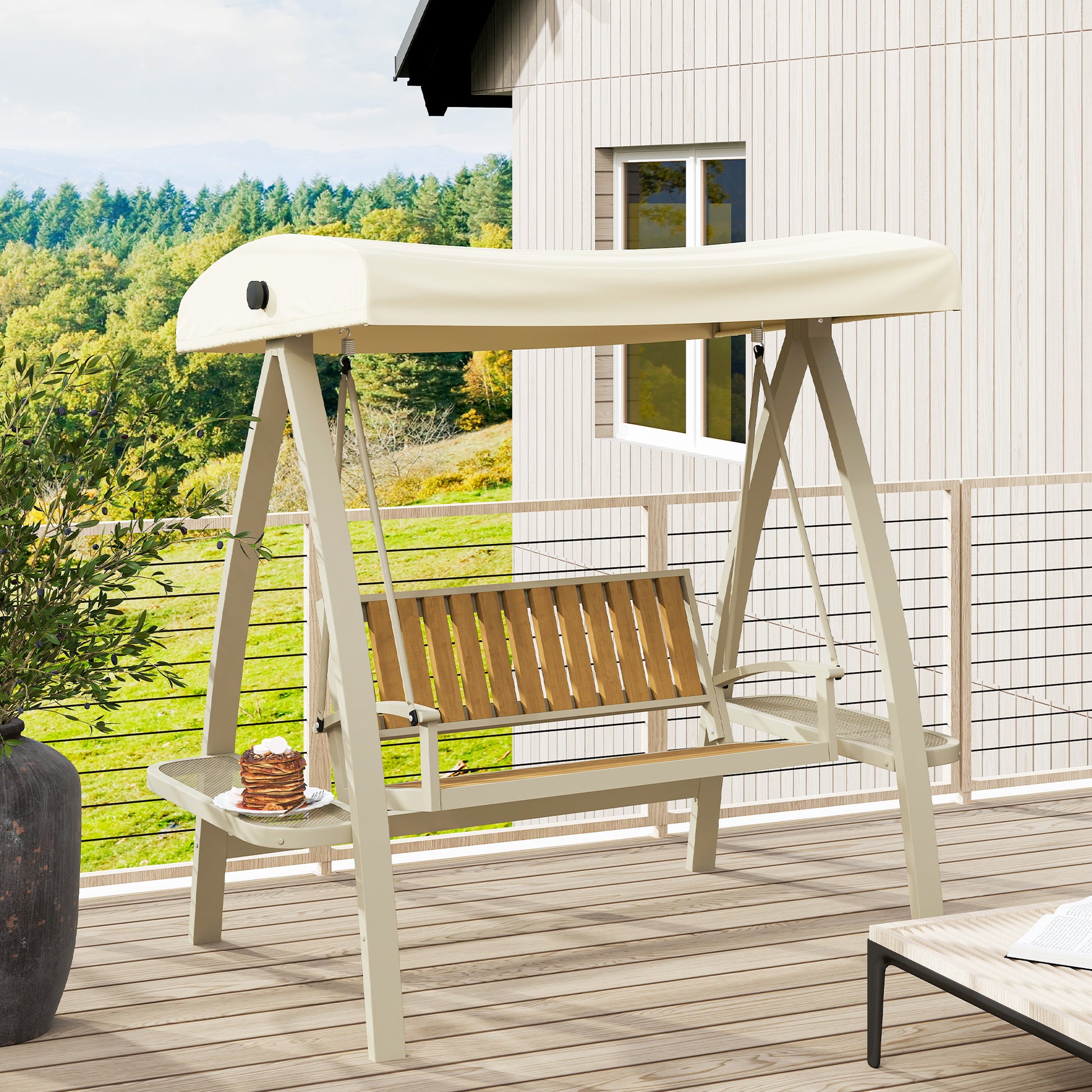 Hollywood Swing 2-seater garden swing with adjustable sun canopy, side table, swing bench loadable up to 240kg, for garden, terrace, 200 x 120 x 190cm, Beige