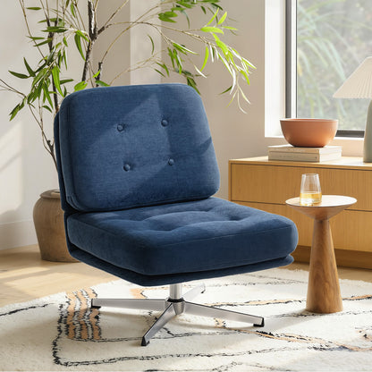 Chenille Swivel Lounge Chair, Extra-Wide Accent Armchair with Metal Legs, Modern Upholstered Chair for Living Room & Bedroom — Dark Blue