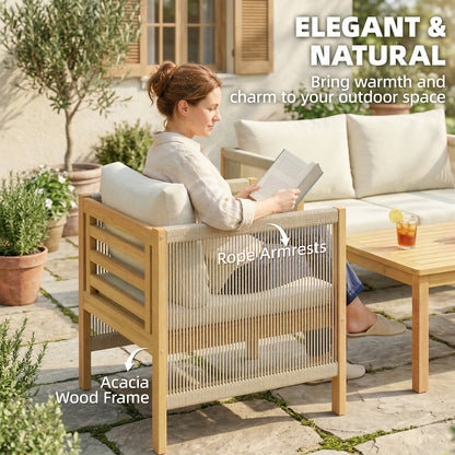 4-Piece Acacia Wood Outdoor Patio Set for 4 — 2-Seater Sofa, 2 Armchairs & Coffee Table, Rope-Weave Slat Design, Washable Cushions, Beige