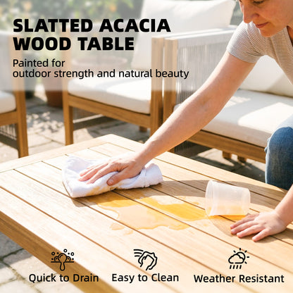 4-Piece Acacia Wood Outdoor Patio Set for 4 — 2-Seater Sofa, 2 Armchairs & Coffee Table, Rope-Weave Slat Design, Washable Cushions, Beige