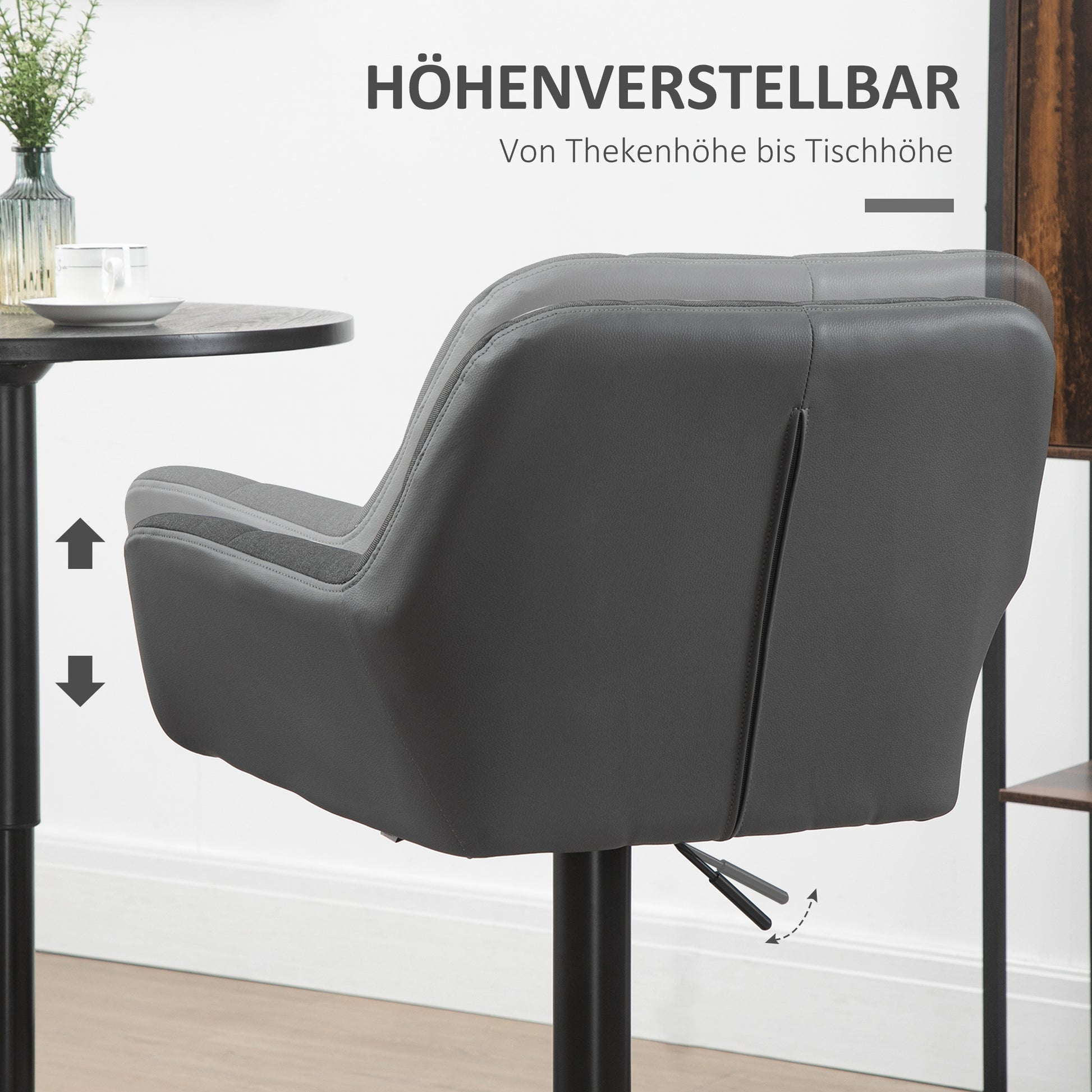 Set of 2 Bar Stools Bar Chairs Height Adjustable Kitchen Chairs 360° Swivel Stools Bistro Chairs with Backrest and Footrest for Bar Counter Kitchen Dining Room Faux Leather Gray 57.5 x 52.5 x 93-114 cm
