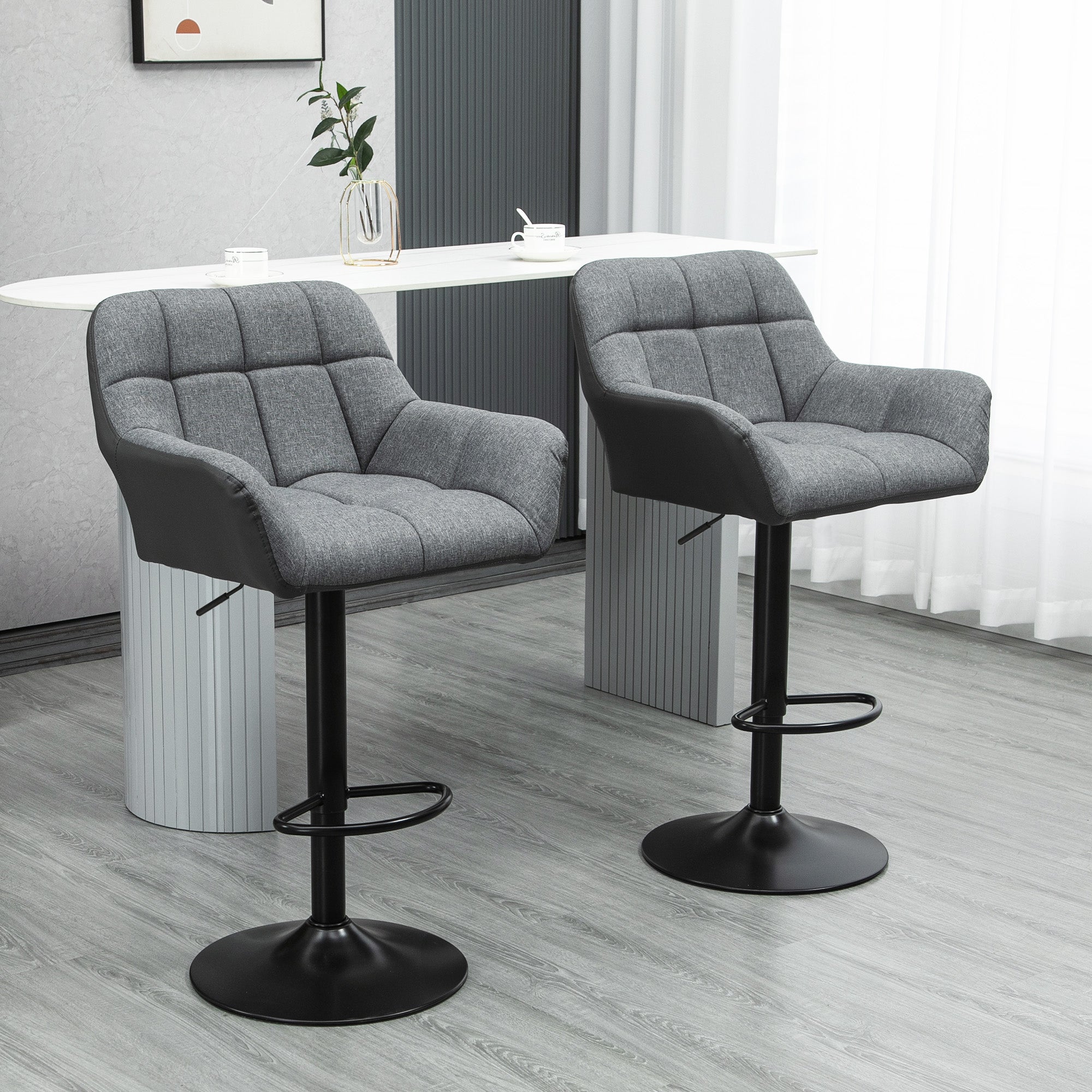 Set of 2 Bar Stools Bar Chairs Height Adjustable Kitchen Chairs 360° Swivel Stools Bistro Chairs with Backrest and Footrest for Bar Counter Kitchen Dining Room Faux Leather Gray 57.5 x 52.5 x 93-114 cm