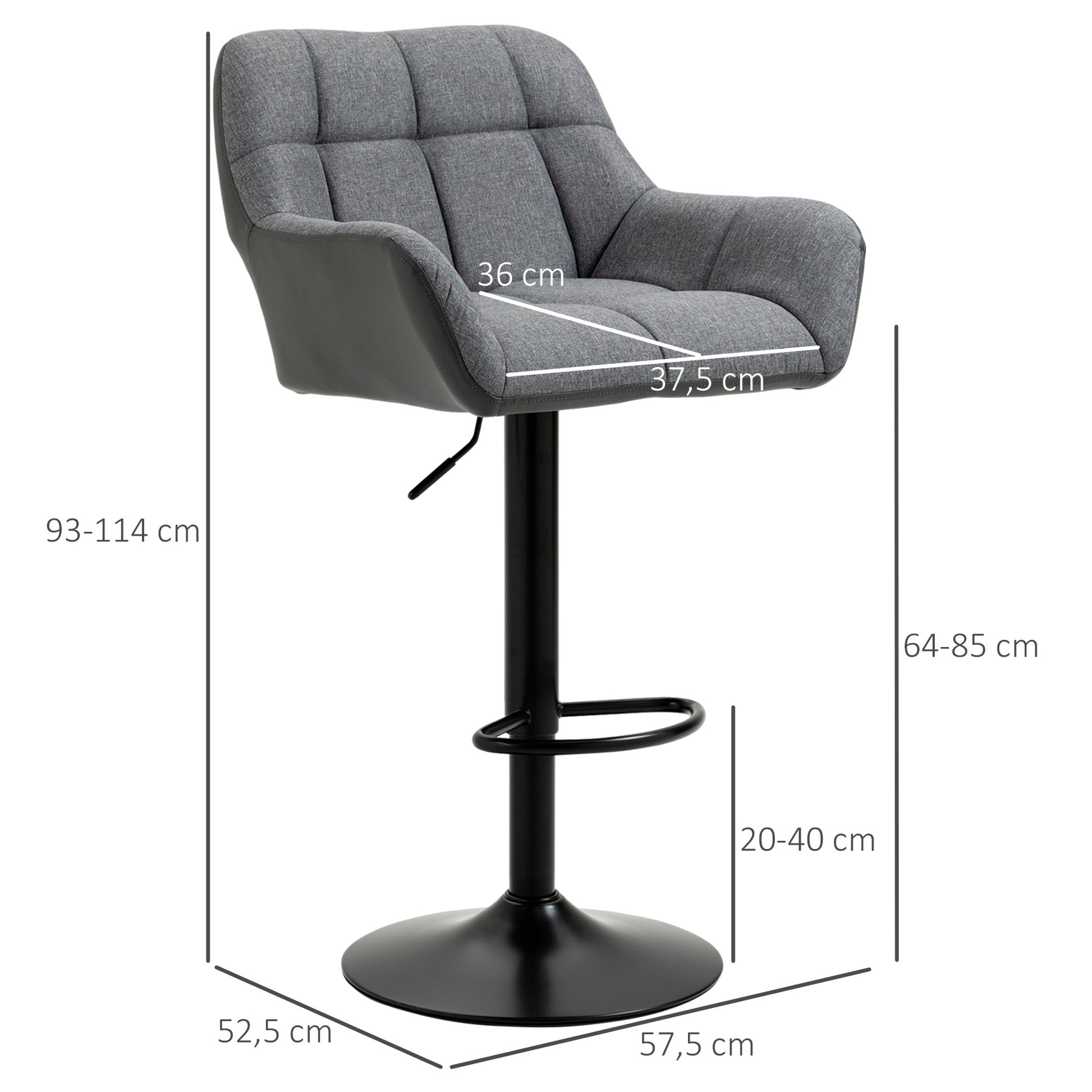 Set of 2 Bar Stools Bar Chairs Height Adjustable Kitchen Chairs 360° Swivel Stools Bistro Chairs with Backrest and Footrest for Bar Counter Kitchen Dining Room Faux Leather Gray 57.5 x 52.5 x 93-114 cm