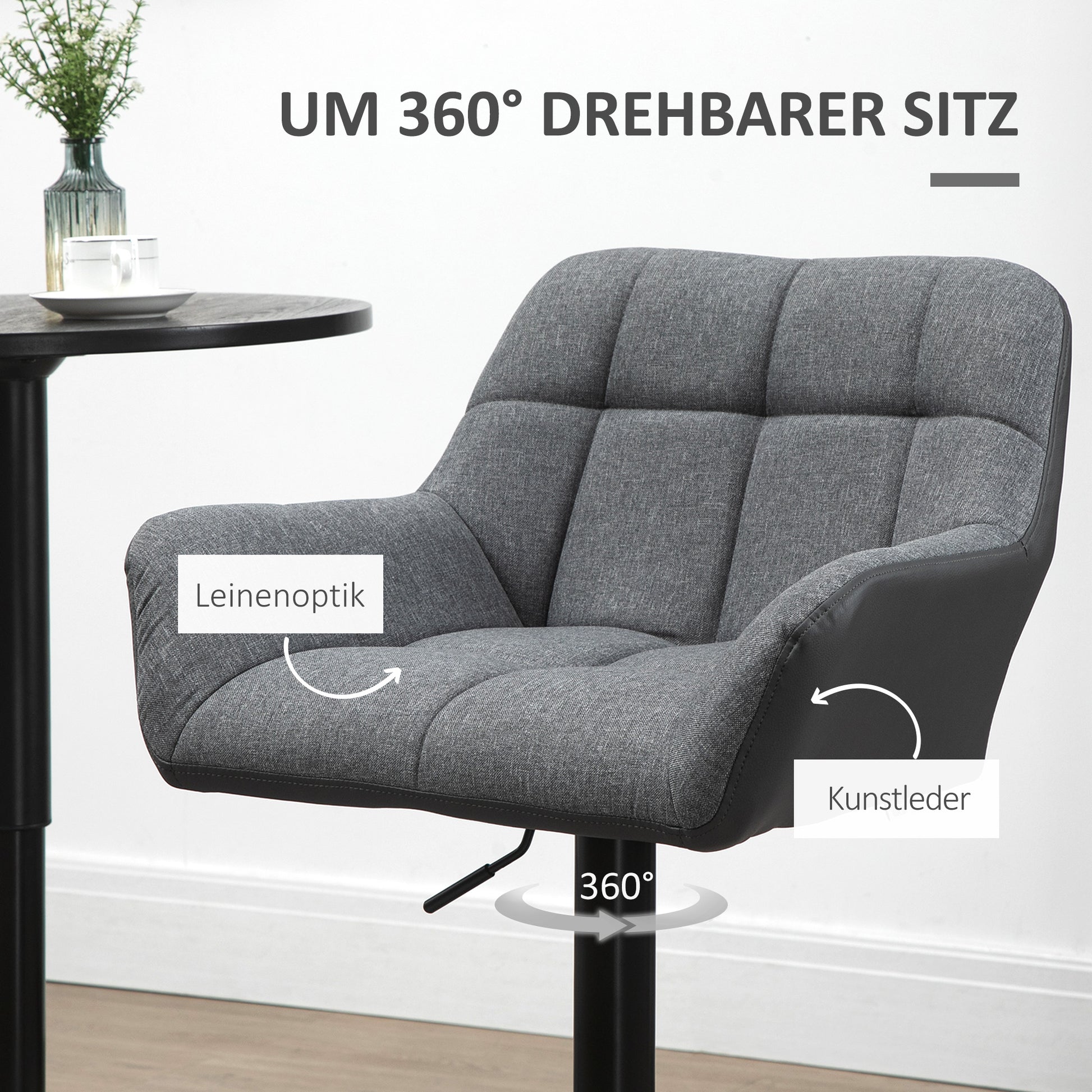 Set of 2 Bar Stools Bar Chairs Height Adjustable Kitchen Chairs 360° Swivel Stools Bistro Chairs with Backrest and Footrest for Bar Counter Kitchen Dining Room Faux Leather Gray 57.5 x 52.5 x 93-114 cm