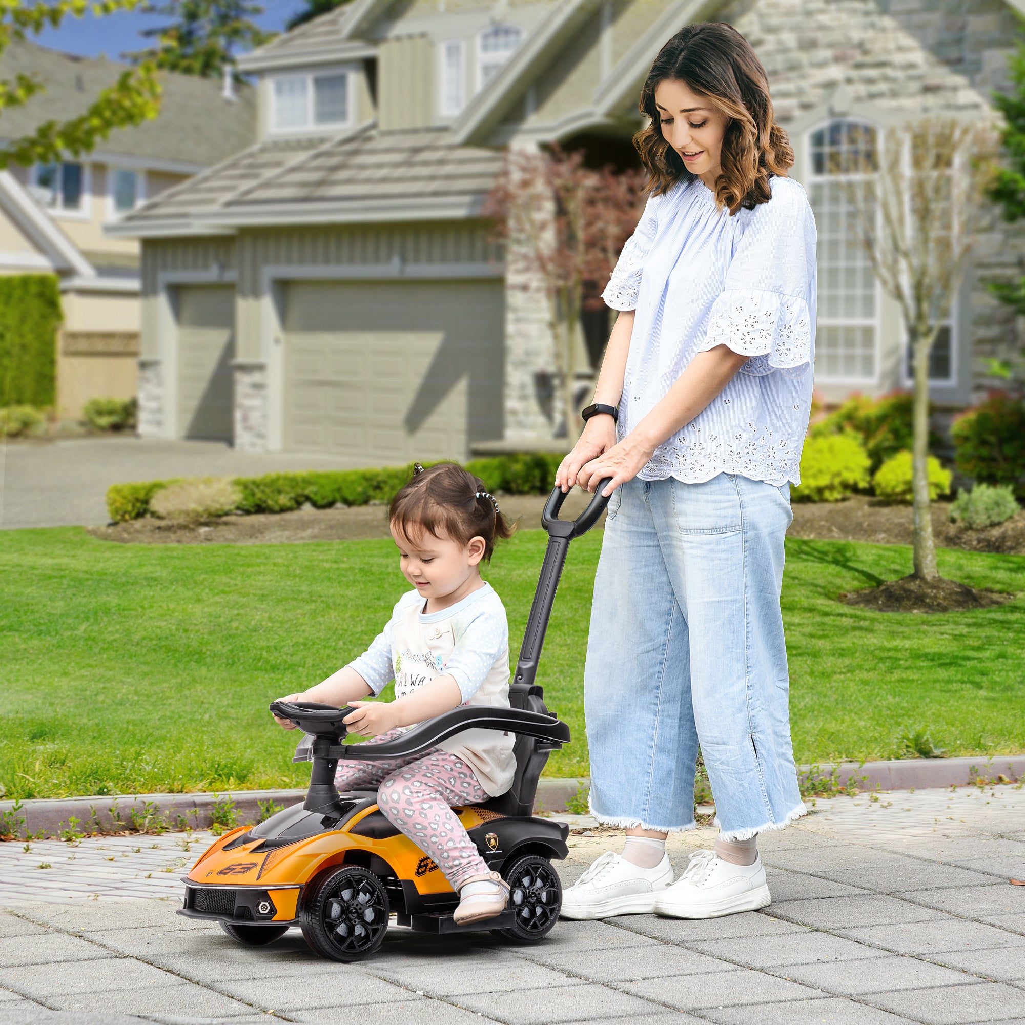 2-in-1 Lamborghini Essenza SCV12 Kids Ride-On Car 12-36 Months Push Car with Horn Removable Push Handle and Safety Rail 86.5x40x89.5 cm Orange and Black