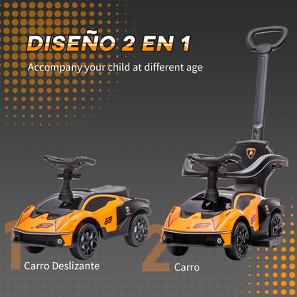 2-in-1 Lamborghini Essenza SCV12 Kids Ride-On Car 12-36 Months Push Car with Horn Removable Push Handle and Safety Rail 86.5x40x89.5 cm Orange and Black