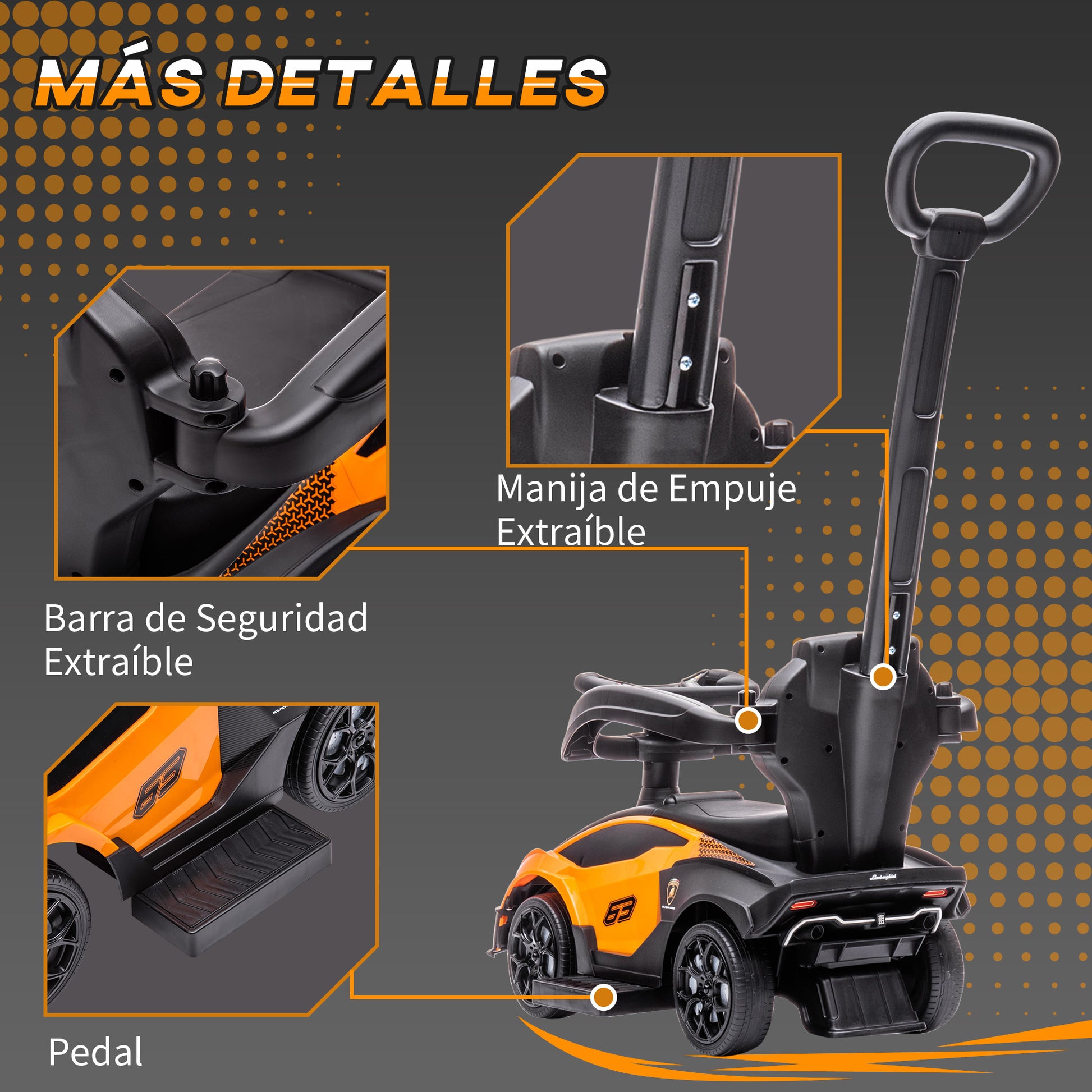2-in-1 Lamborghini Essenza SCV12 Kids Ride-On Car 12-36 Months Push Car with Horn Removable Push Handle and Safety Rail 86.5x40x89.5 cm Orange and Black
