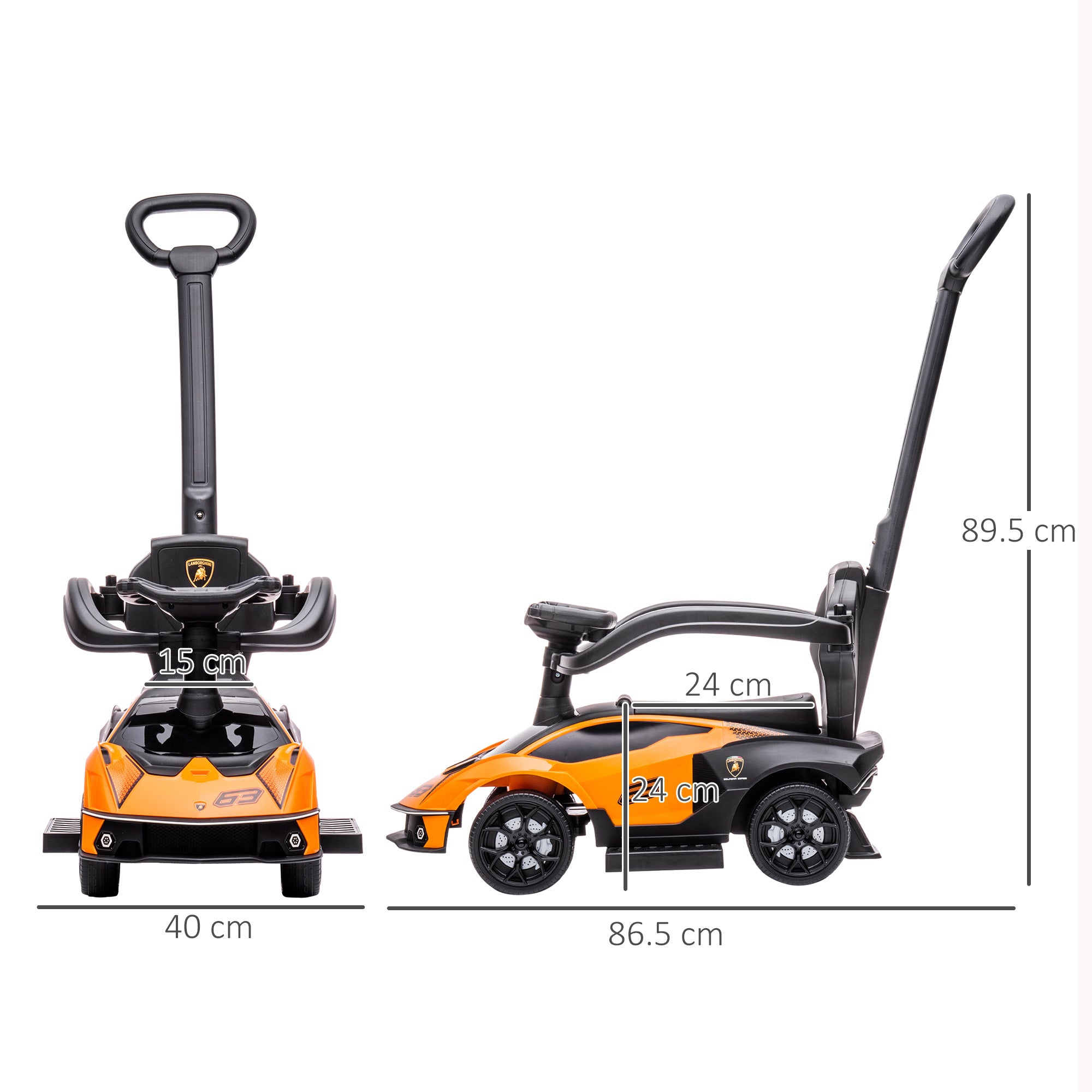 2-in-1 Lamborghini Essenza SCV12 Kids Ride-On Car 12-36 Months Push Car with Horn Removable Push Handle and Safety Rail 86.5x40x89.5 cm Orange and Black