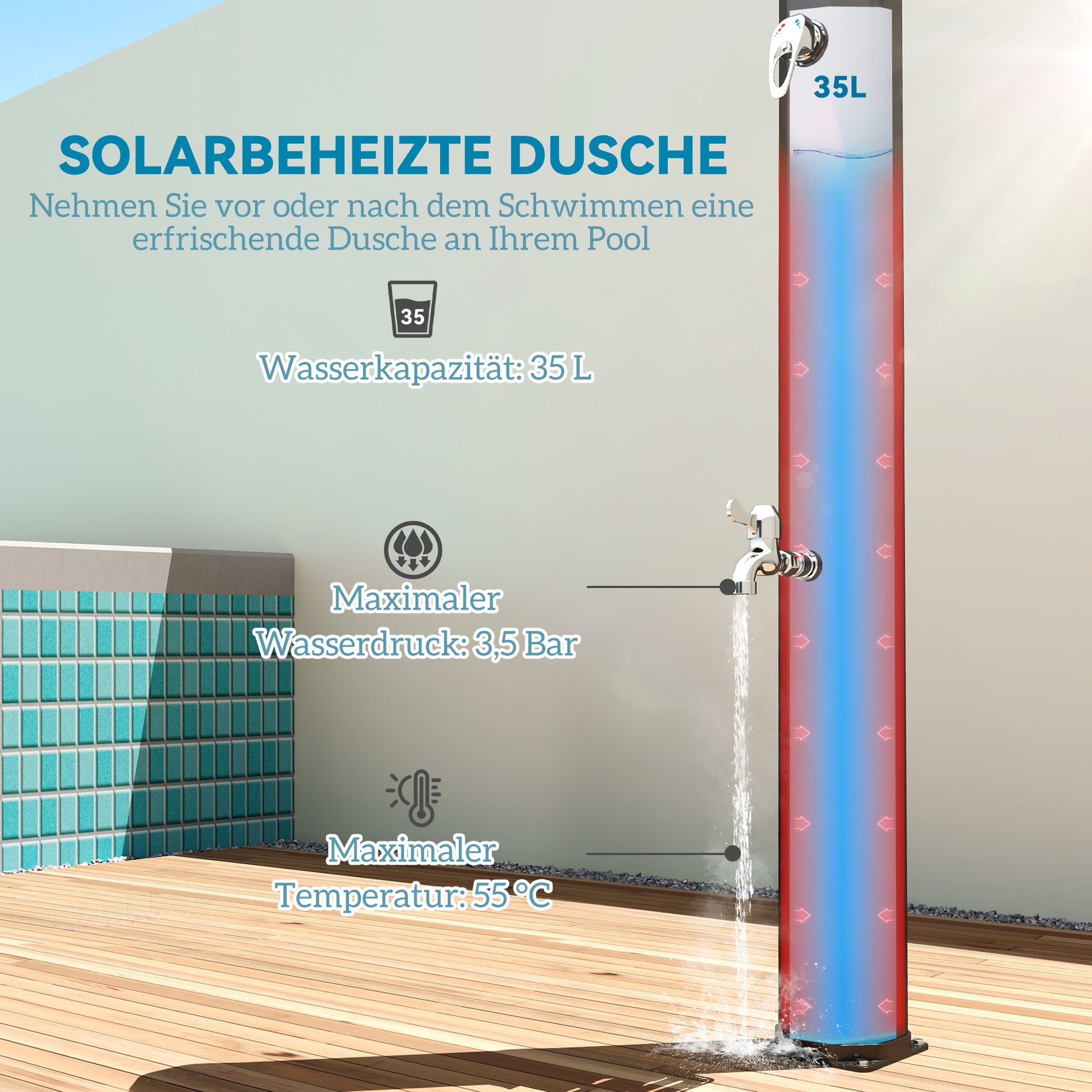 Solar Shower 35 Liter Solar Garden Shower with Water Tap Shower Head Hand Shower Side Tray, up to 55°C, Outdoor Shower without Power Connection Pool Shower Camping Shower Rain Shower Warm Water