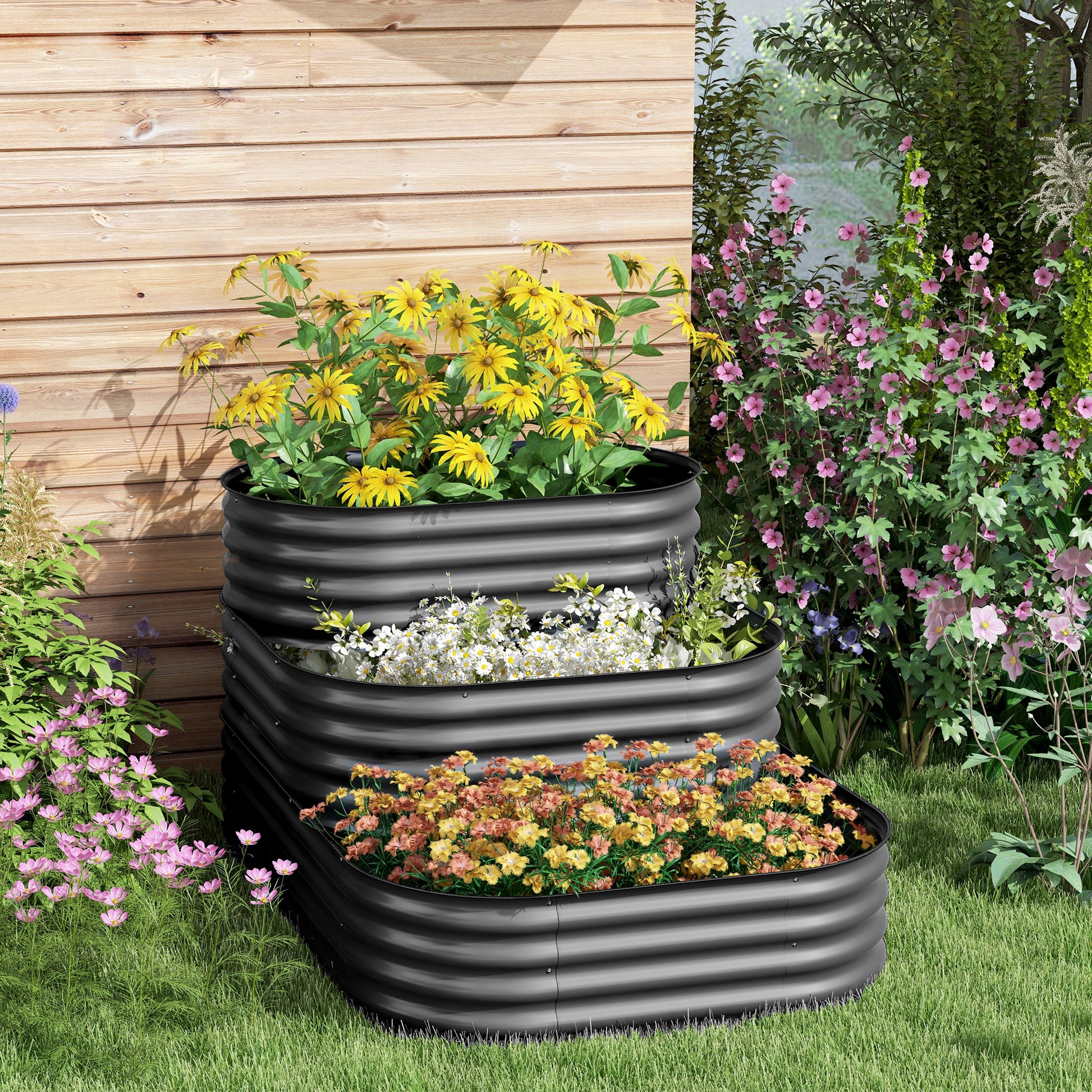 Square Raised Garden Bed Planter Steel Garden Planter Open Bottom 3 Tier for Herbs Vegetables Fruits Flowers 158 x 109 x 82 cm - Gray