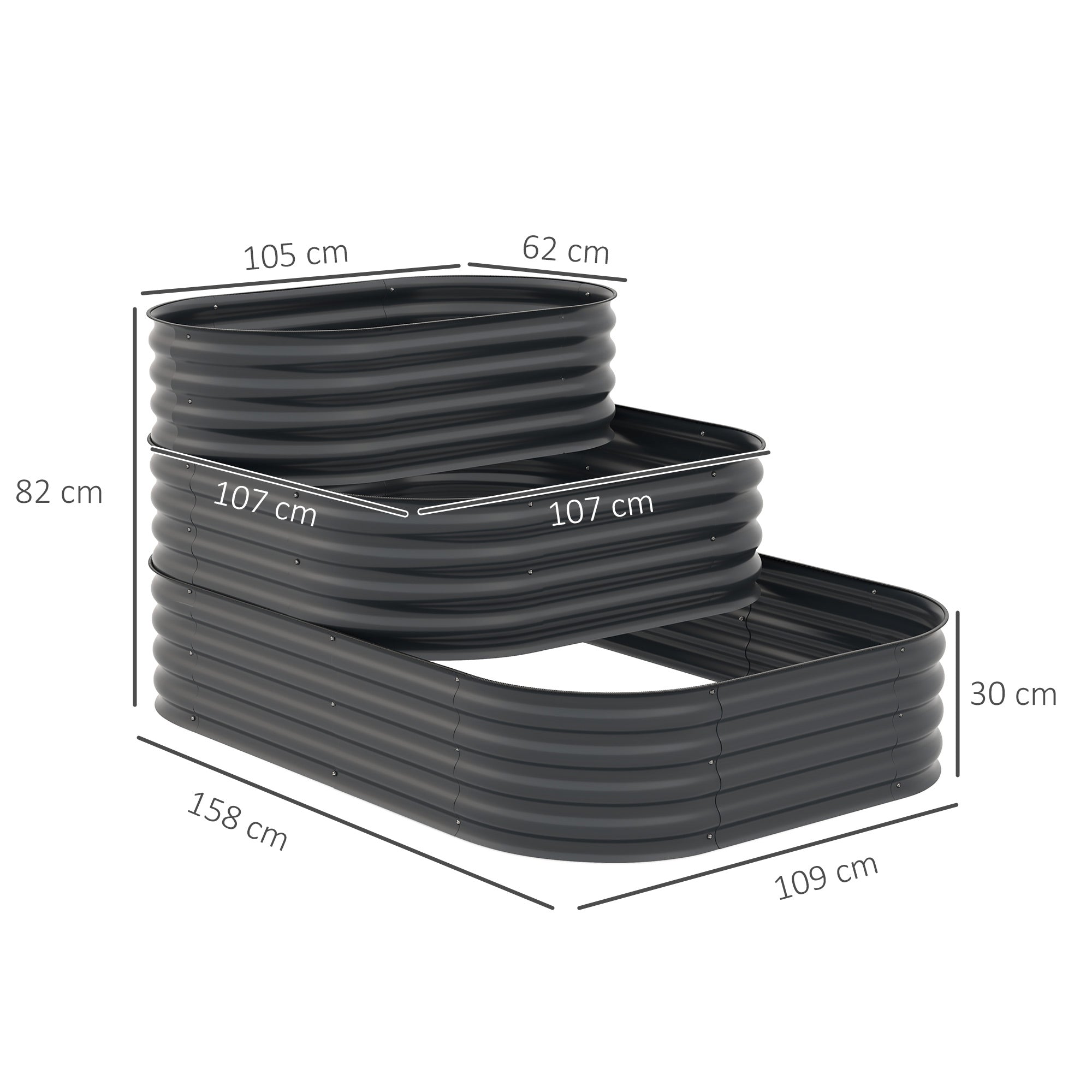 Square Raised Garden Bed Planter Steel Garden Planter Open Bottom 3 Tier for Herbs Vegetables Fruits Flowers 158 x 109 x 82 cm - Gray
