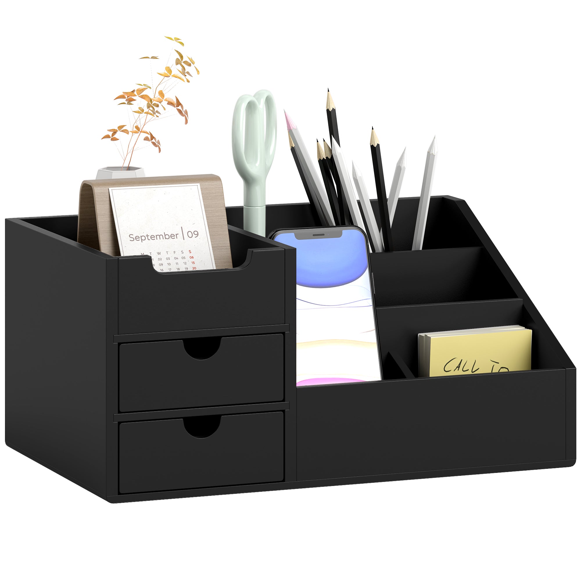 Bamboo Desktop Organizer Desk Organizer with 2 Drawers 6 Compartments and Shelf for Office Home 33x20.5x15.5 cm Black