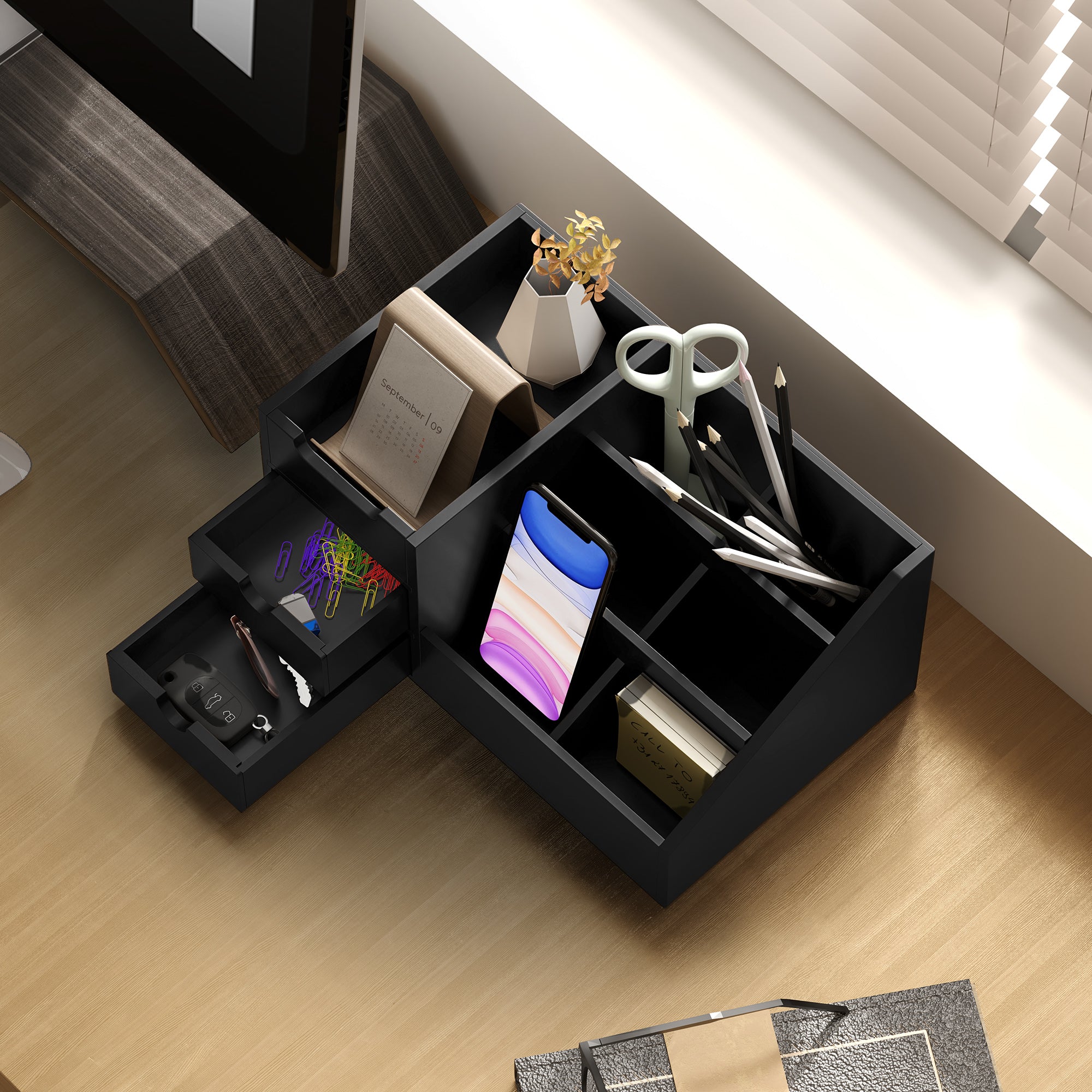 Bamboo Desktop Organizer Desk Organizer with 2 Drawers 6 Compartments and Shelf for Office Home 33x20.5x15.5 cm Black