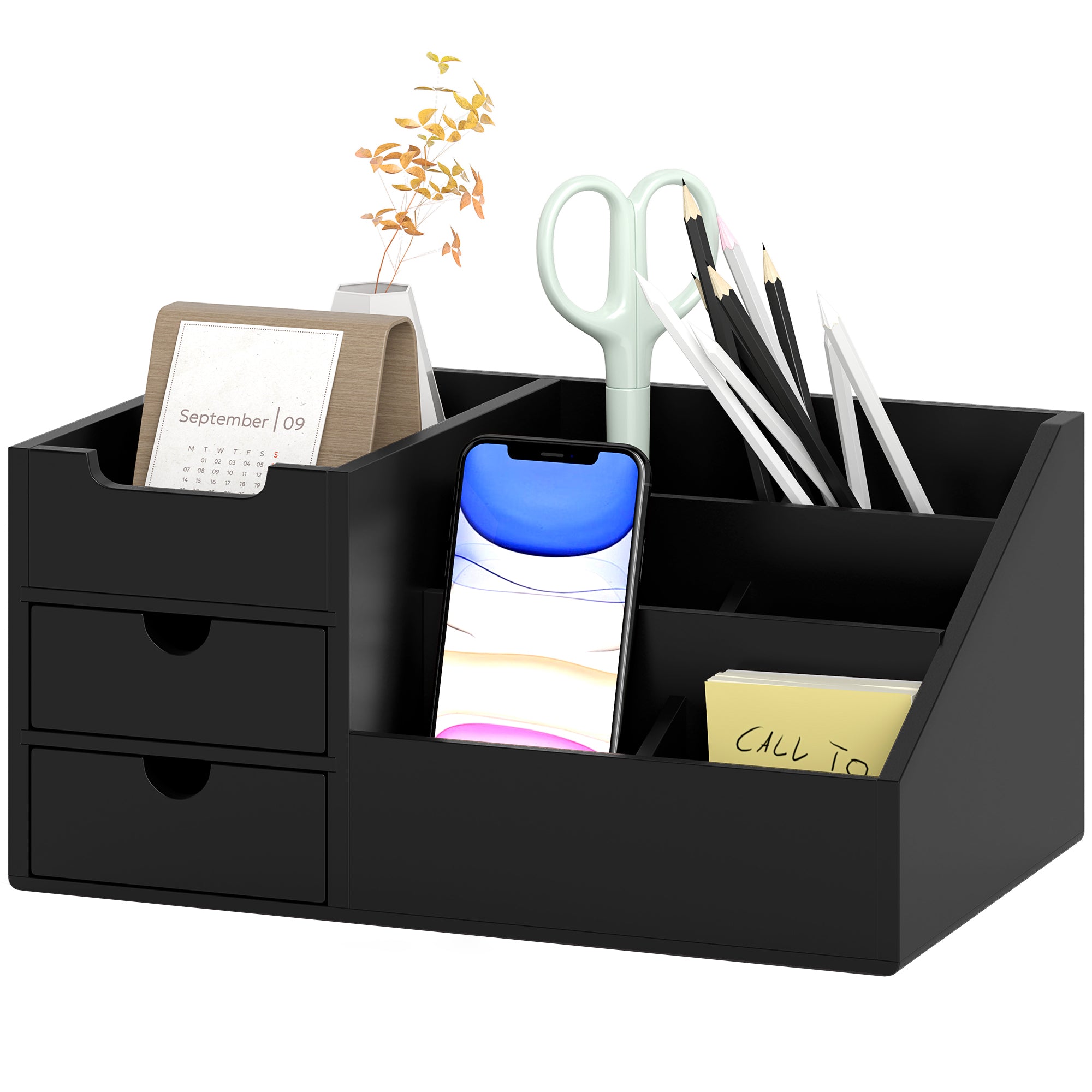 Bamboo Desktop Organizer Desk Organizer with 2 Drawers 6 Compartments and Shelf for Office Home 33x20.5x15.5 cm Black