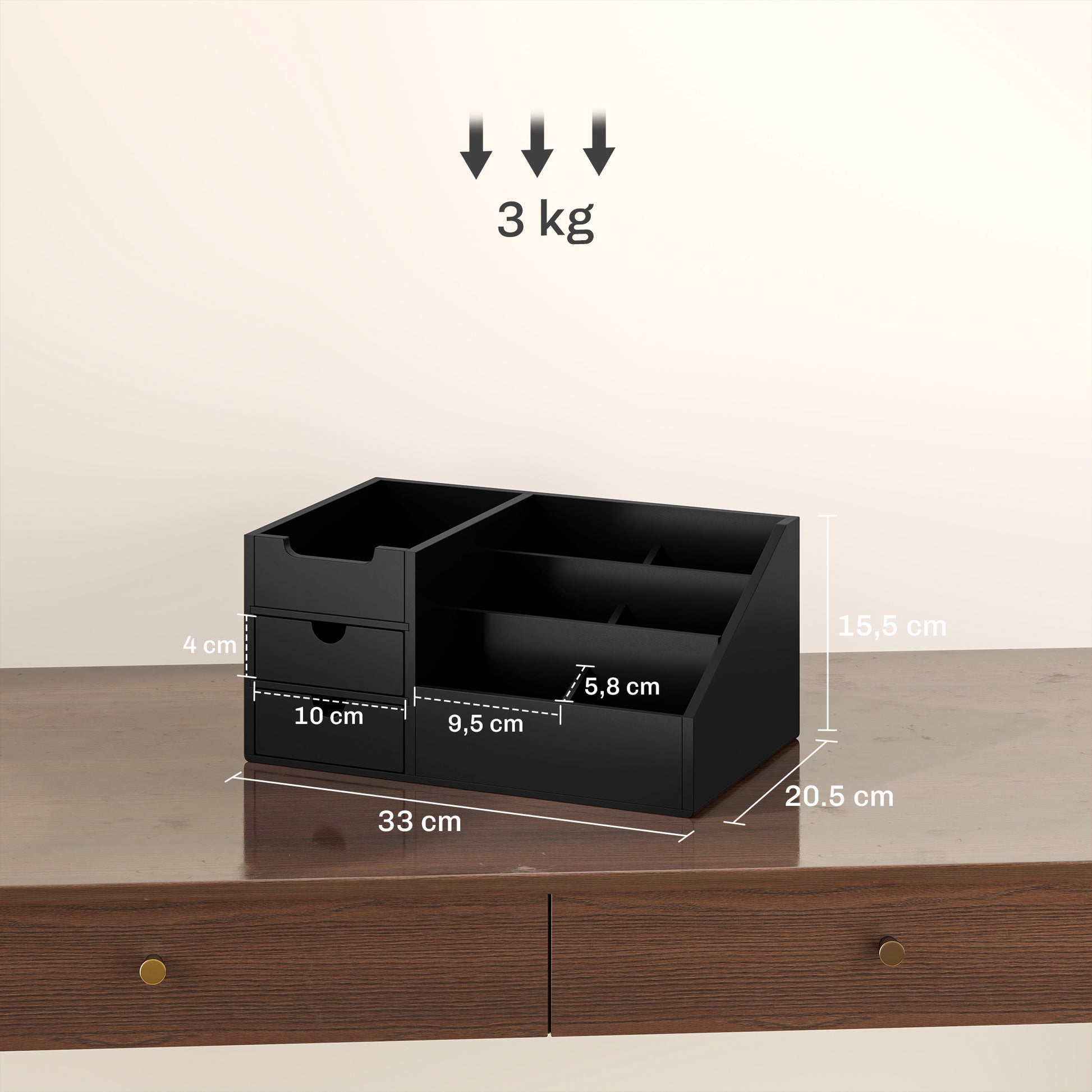 Bamboo Desktop Organizer Desk Organizer with 2 Drawers 6 Compartments and Shelf for Office Home 33x20.5x15.5 cm Black