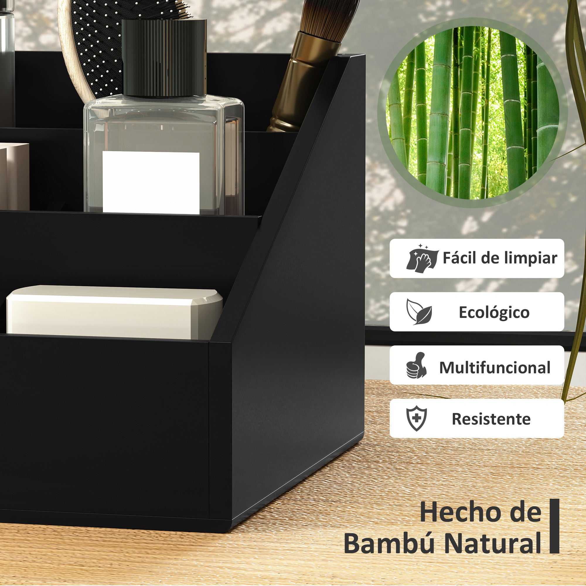 Bamboo Desktop Organizer Desk Organizer with 2 Drawers 6 Compartments and Shelf for Office Home 33x20.5x15.5 cm Black