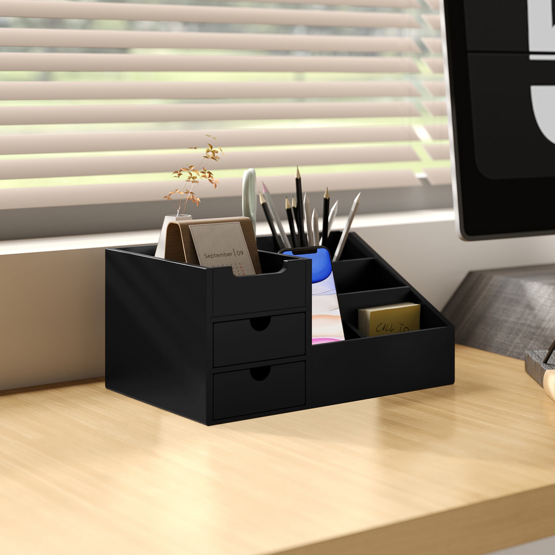 Bamboo Desktop Organizer Desk Organizer with 2 Drawers 6 Compartments and Shelf for Office Home 33x20.5x15.5 cm Black