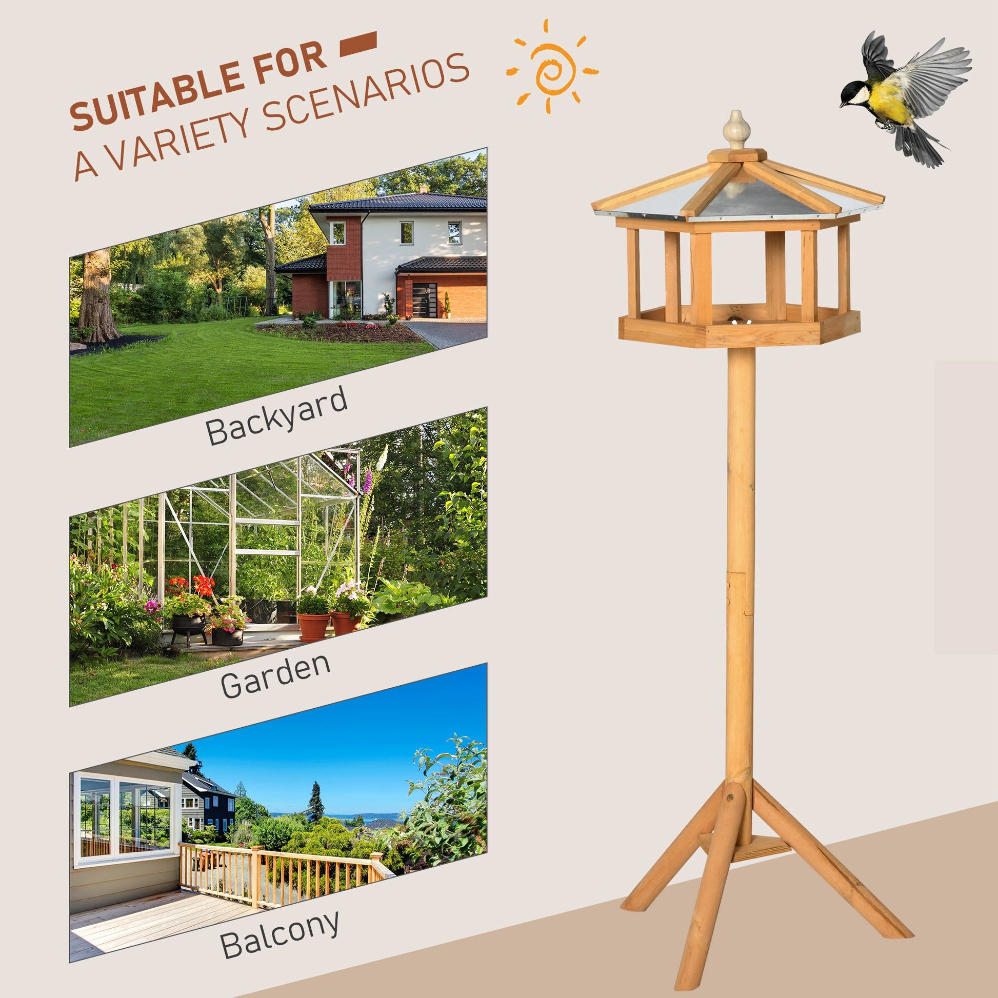 Birdhouse with Stand, Weatherproof Bird Feeder House with Weatherproof Zinc Roof, Wooden Bird Feeder for Wild Birds 40 x 40 x 113 cm Yellow