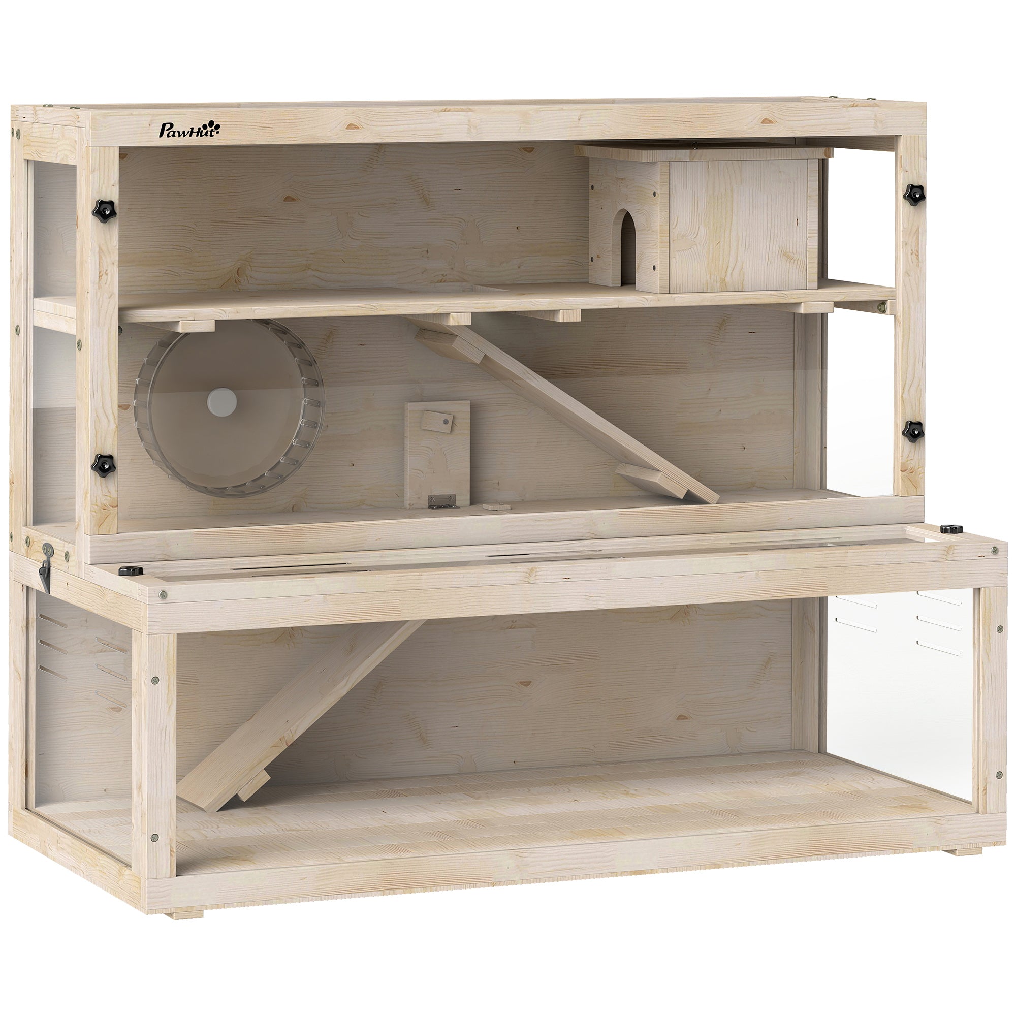 Wooden Hamster Cage, 100 x 50 x 84 cm (39.4 x 19.7 x 33.1 in) – 3-Tier Small Animal Hutch with Viewing Window, Running Wheel, Ramp & House – Natural Wood
