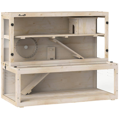 Wooden Hamster Cage, 100 x 50 x 84 cm (39.4 x 19.7 x 33.1 in) – 3-Tier Small Animal Hutch with Viewing Window, Running Wheel, Ramp & House – Natural Wood