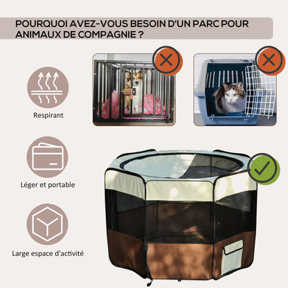 Foldable Octagonal Enclosure for Cats and Small Animals in Oxford Fabric and Steel - dim. Ø 117 x 76H cm - beige brown