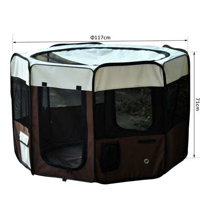 Foldable Octagonal Enclosure for Cats and Small Animals in Oxford Fabric and Steel - dim. Ø 117 x 76H cm - beige brown