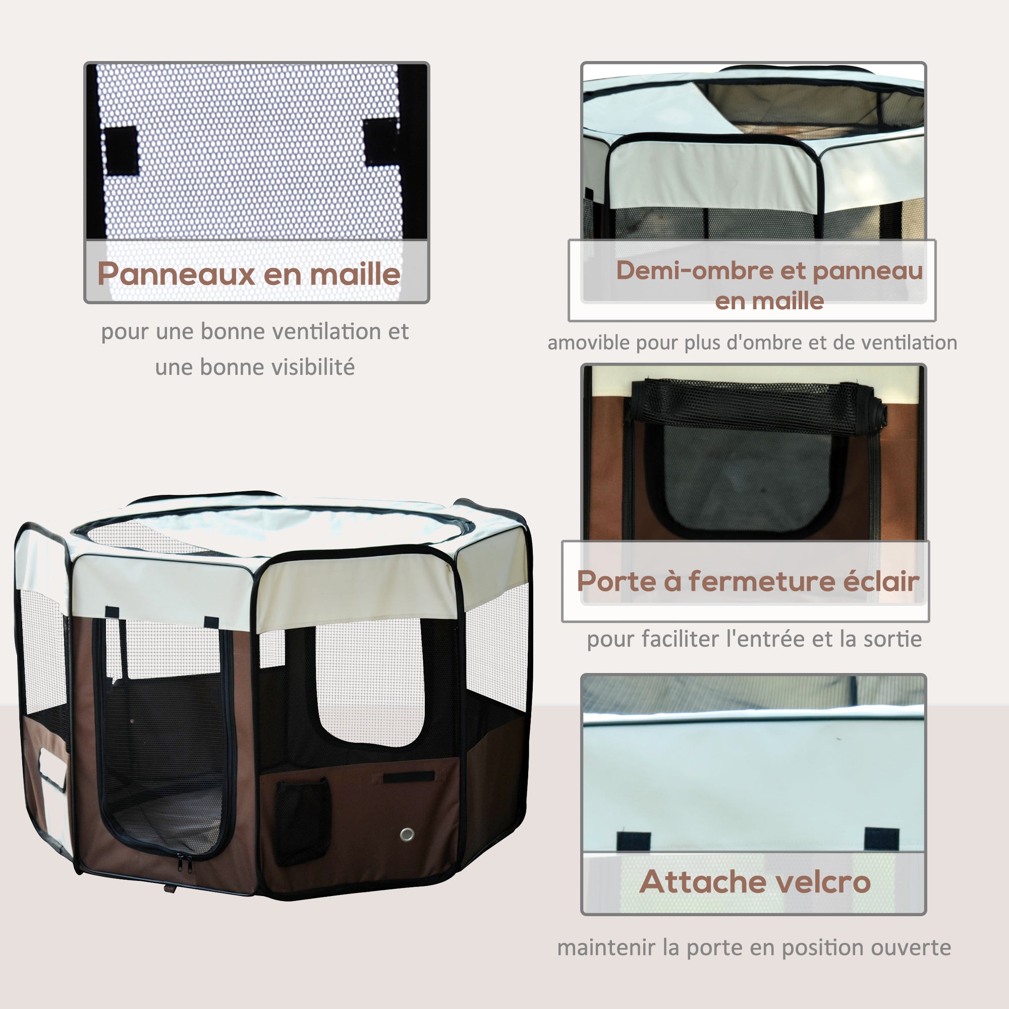 Foldable Octagonal Enclosure for Cats and Small Animals in Oxford Fabric and Steel - dim. Ø 117 x 76H cm - beige brown