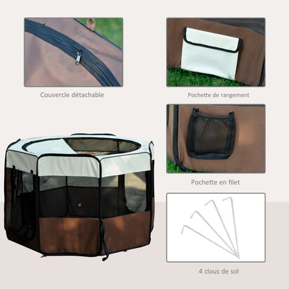 Foldable Octagonal Enclosure for Cats and Small Animals in Oxford Fabric and Steel - dim. Ø 117 x 76H cm - beige brown