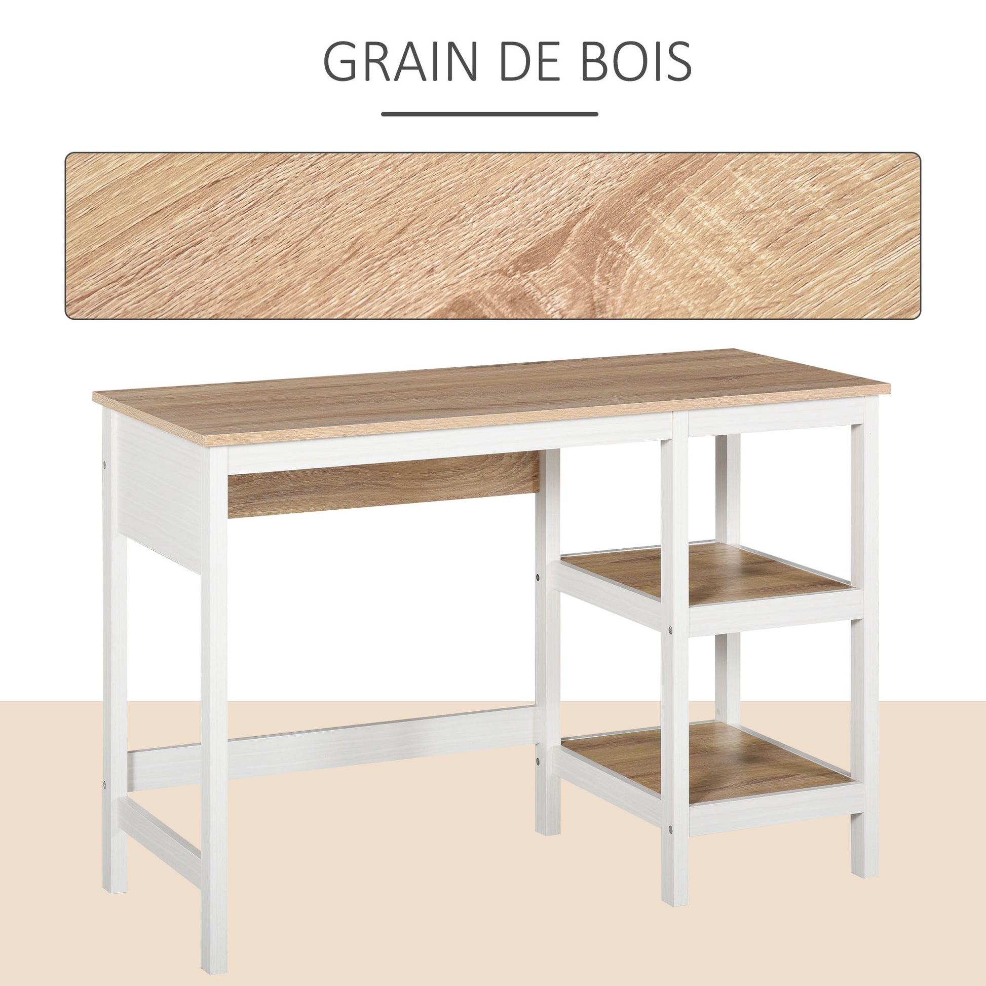 Multimedia Computer Desk dim. 110L x 48W x 76H cm 2 side shelves MDF E1 Light Oak White