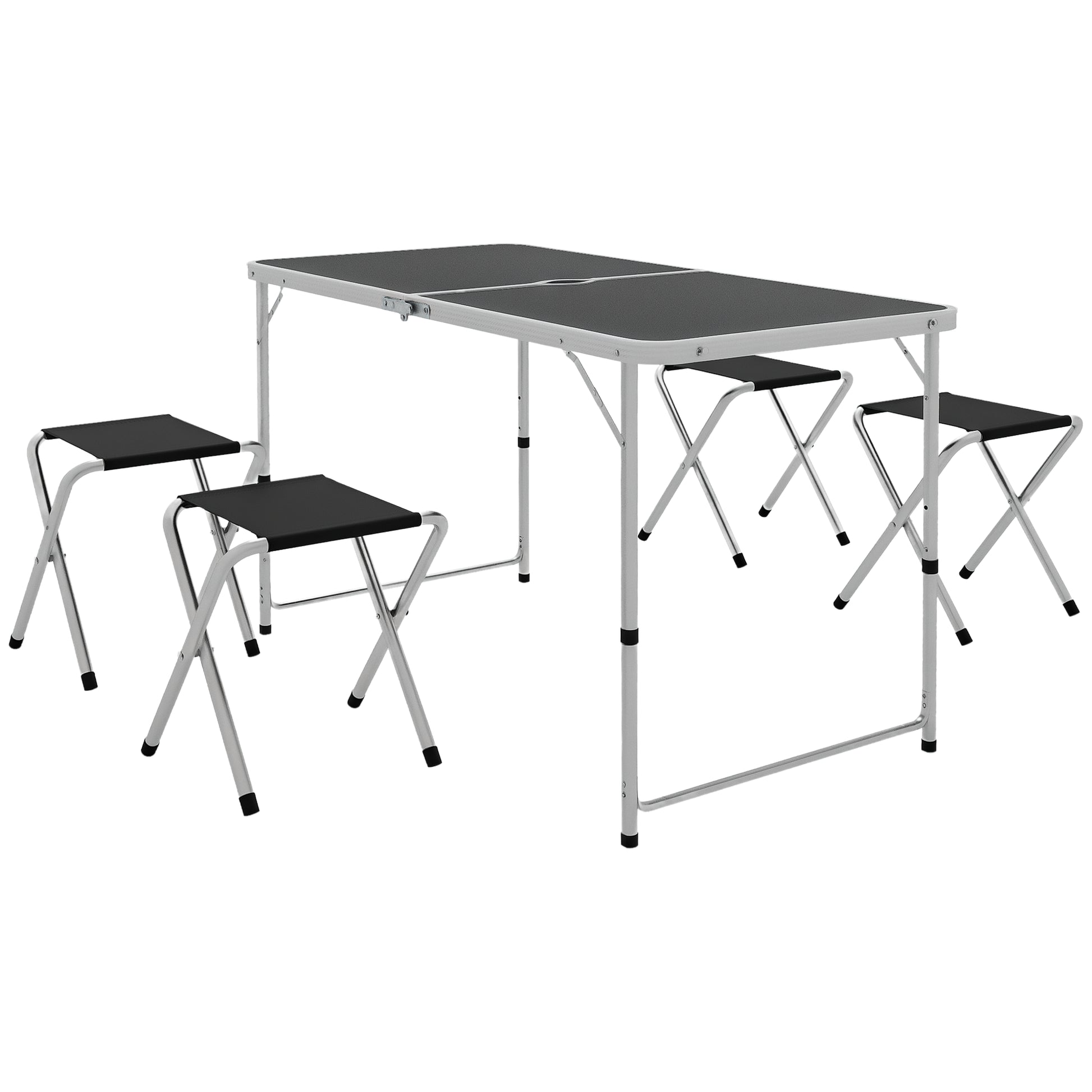 5-Piece Camping Set Folding Camping Table with Chairs Includes 1 Height Adjustable Table with Umbrella Hole 120x60x55-70 cm and 4 Foldable Stools Black
