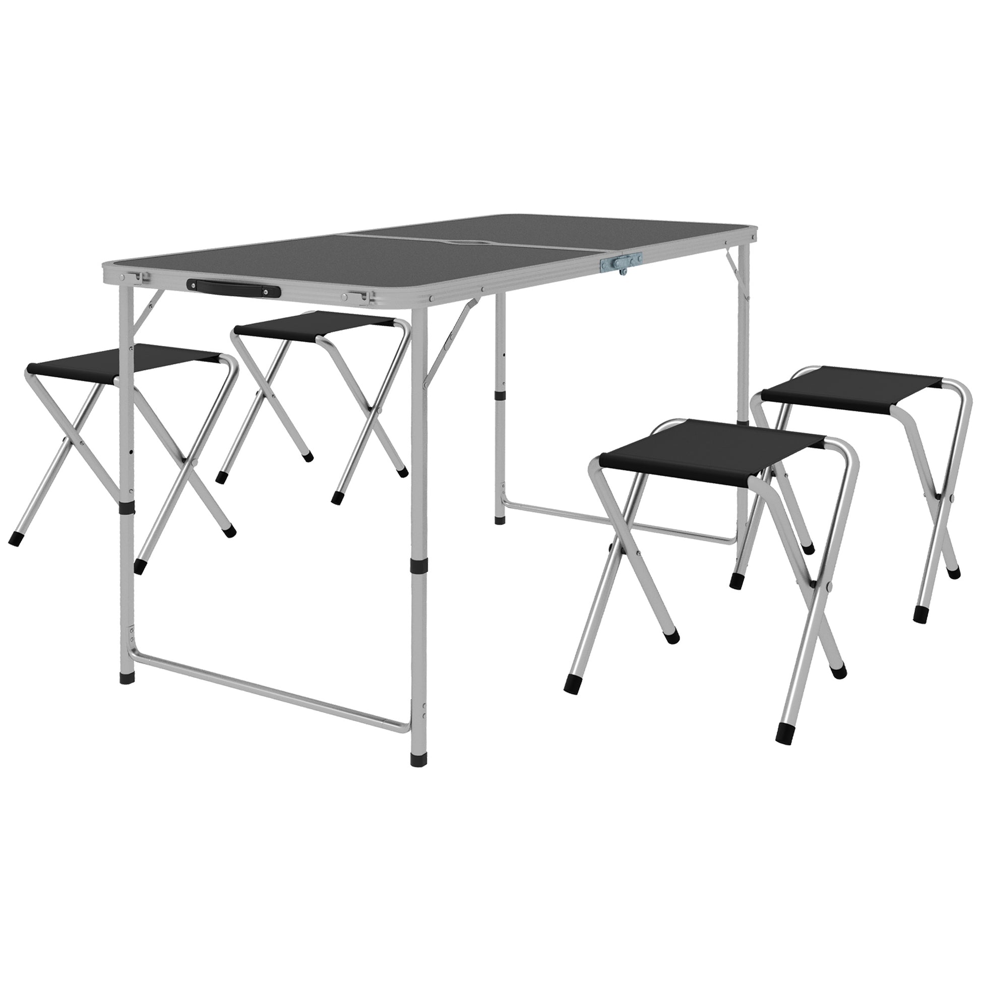 5-Piece Camping Set Folding Camping Table with Chairs Includes 1 Height Adjustable Table with Umbrella Hole 120x60x55-70 cm and 4 Foldable Stools Black