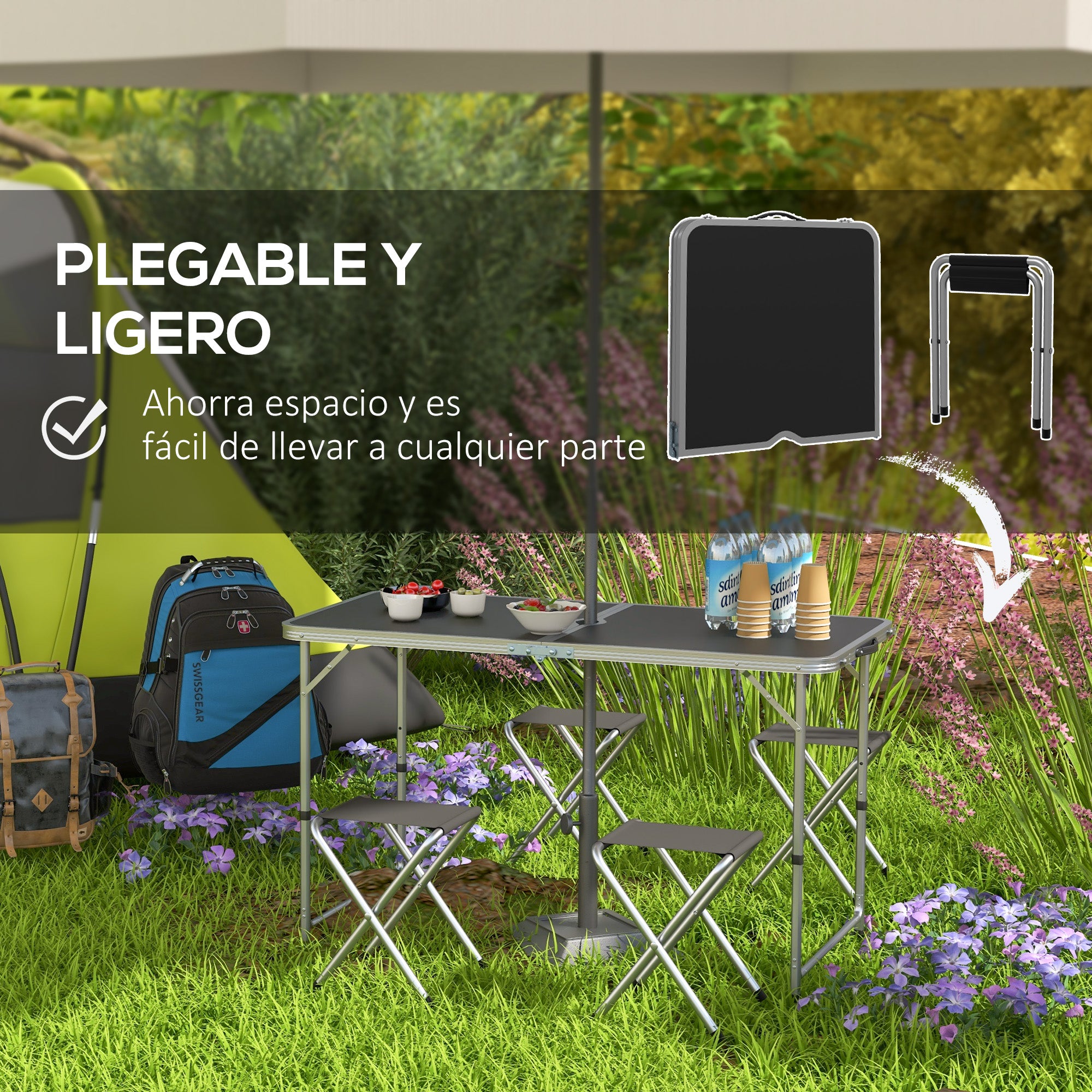 5-Piece Camping Set Folding Camping Table with Chairs Includes 1 Height Adjustable Table with Umbrella Hole 120x60x55-70 cm and 4 Foldable Stools Black