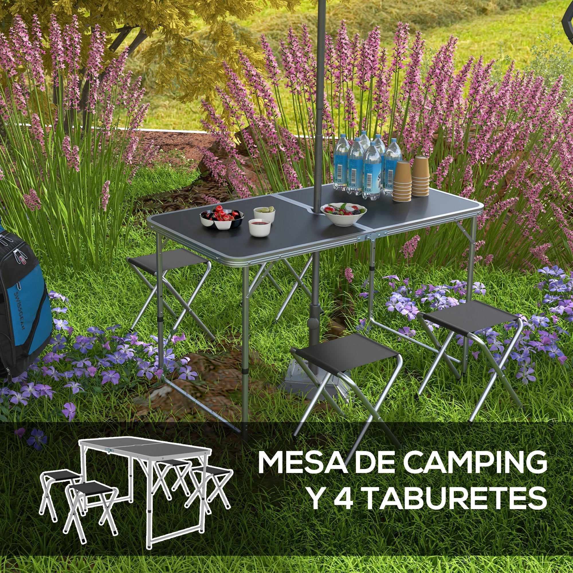 5-Piece Camping Set Folding Camping Table with Chairs Includes 1 Height Adjustable Table with Umbrella Hole 120x60x55-70 cm and 4 Foldable Stools Black