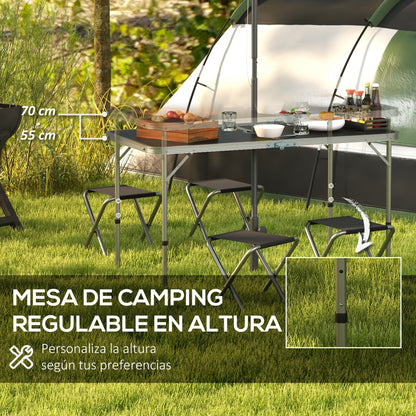 5-Piece Camping Set Folding Camping Table with Chairs Includes 1 Height Adjustable Table with Umbrella Hole 120x60x55-70 cm and 4 Foldable Stools Black