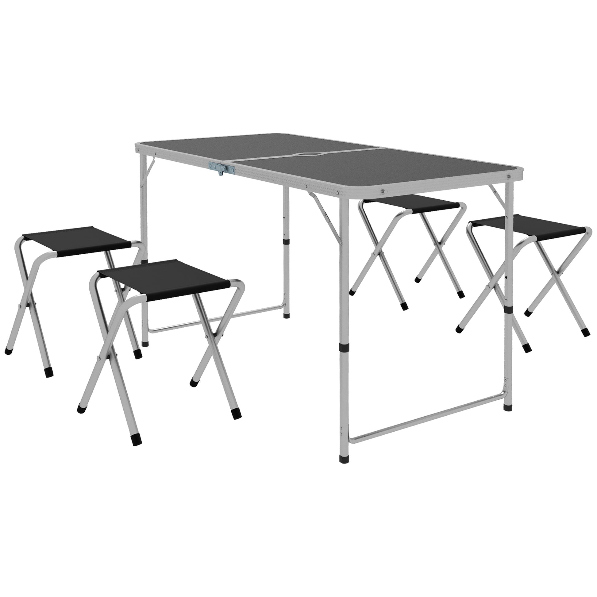 5-Piece Camping Set Folding Camping Table with Chairs Includes 1 Height Adjustable Table with Umbrella Hole 120x60x55-70 cm and 4 Foldable Stools Black
