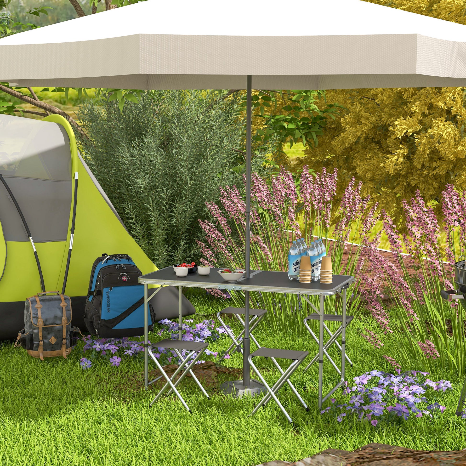 5-Piece Camping Set Folding Camping Table with Chairs Includes 1 Height Adjustable Table with Umbrella Hole 120x60x55-70 cm and 4 Foldable Stools Black