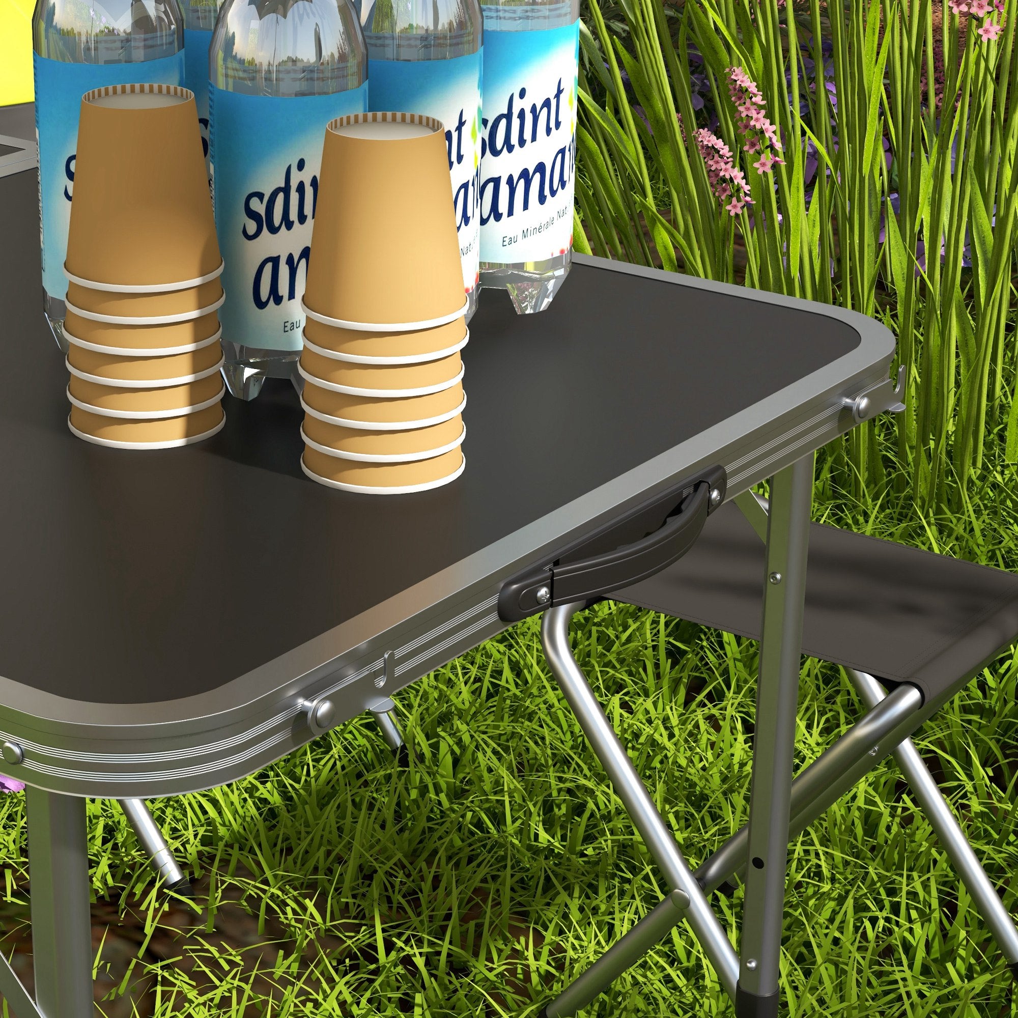 5-Piece Camping Set Folding Camping Table with Chairs Includes 1 Height Adjustable Table with Umbrella Hole 120x60x55-70 cm and 4 Foldable Stools Black