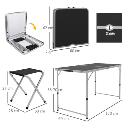 5-Piece Camping Set Folding Camping Table with Chairs Includes 1 Height Adjustable Table with Umbrella Hole 120x60x55-70 cm and 4 Foldable Stools Black