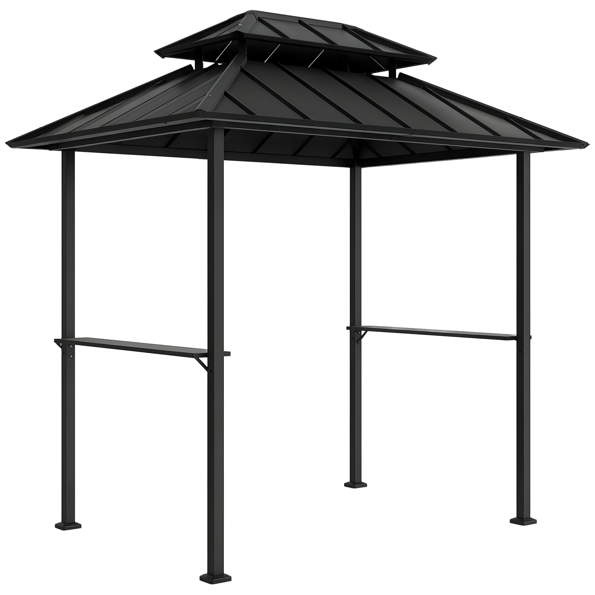 BBQ Gazebo with Double-Layer Hardtop, Outdoor Garden Gazebo with 2 Shelves and Upper Hook, Metal and Aluminum Frame for Patio Terrace 244x184x258cm Black