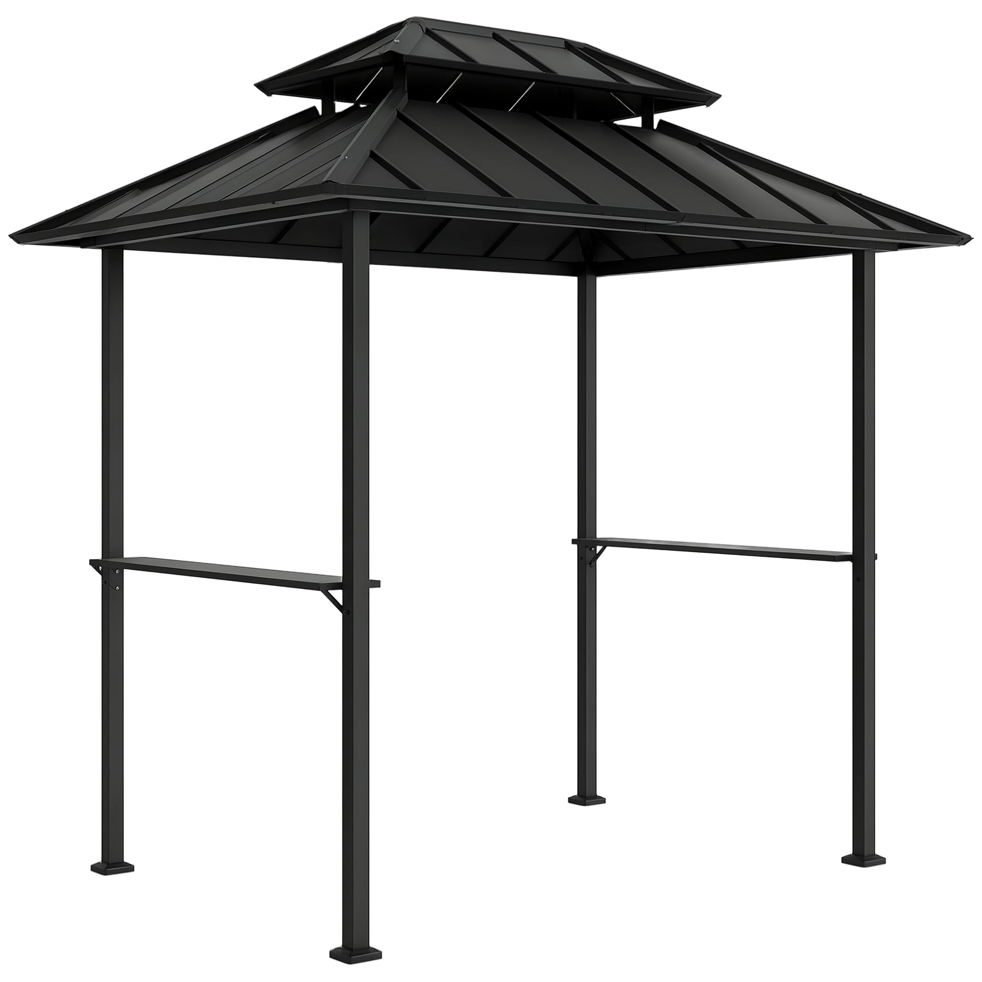 BBQ Gazebo with Double-Layer Hardtop, Outdoor Garden Gazebo with 2 Shelves and Upper Hook, Metal and Aluminum Frame for Patio Terrace 244x184x258cm Black