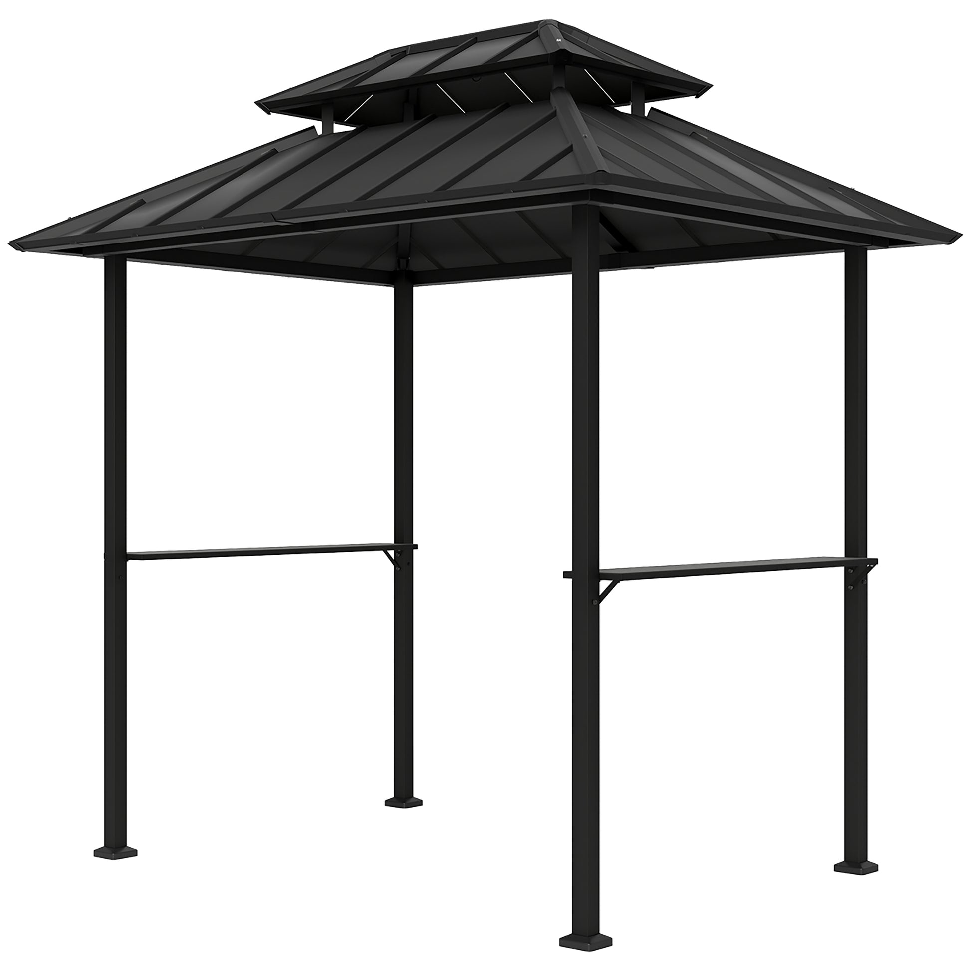 BBQ Gazebo with Double-Layer Hardtop, Outdoor Garden Gazebo with 2 Shelves and Upper Hook, Metal and Aluminum Frame for Patio Terrace 244x184x258cm Black
