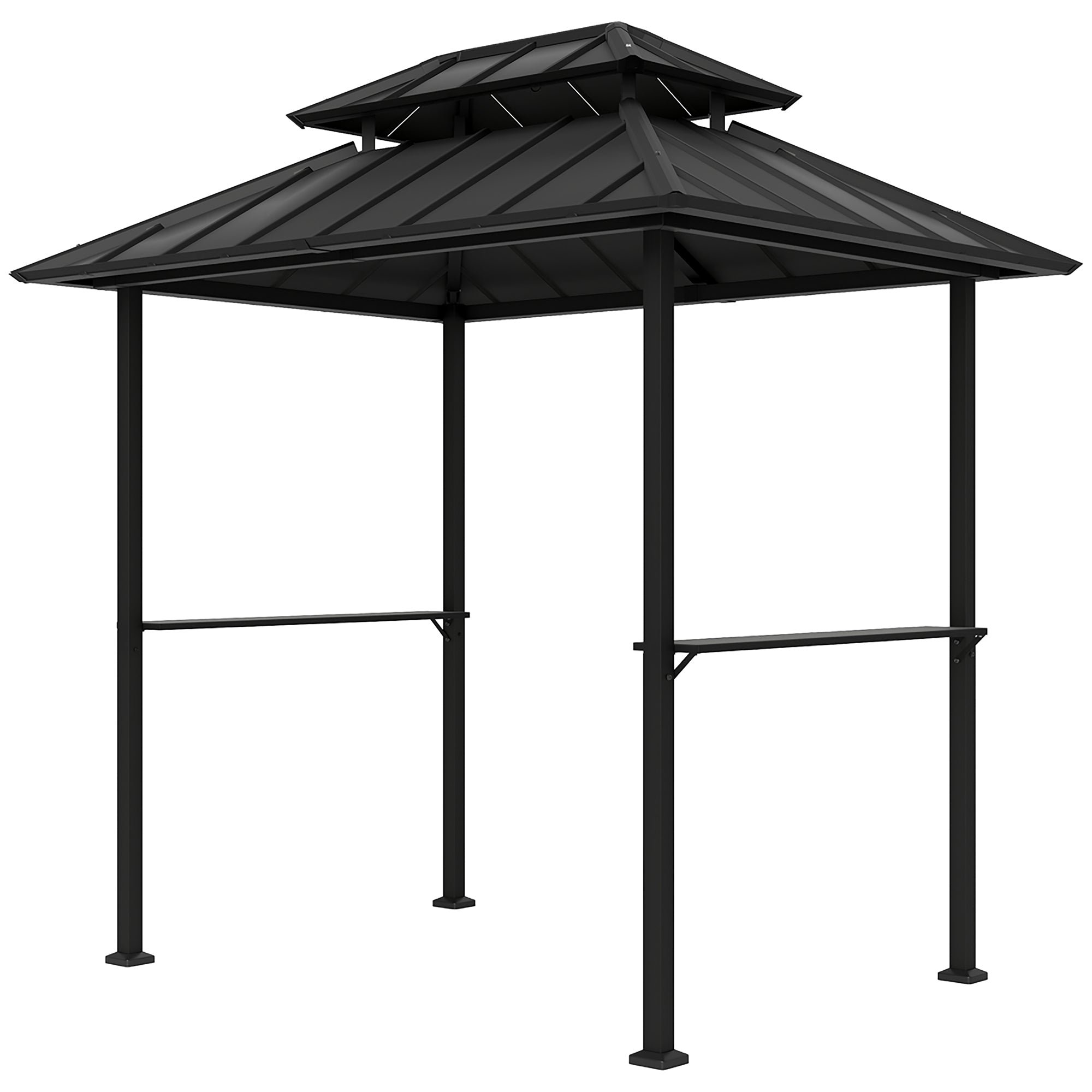 BBQ Gazebo with Double-Layer Hardtop, Outdoor Garden Gazebo with 2 Shelves and Upper Hook, Metal and Aluminum Frame for Patio Terrace 244x184x258cm Black